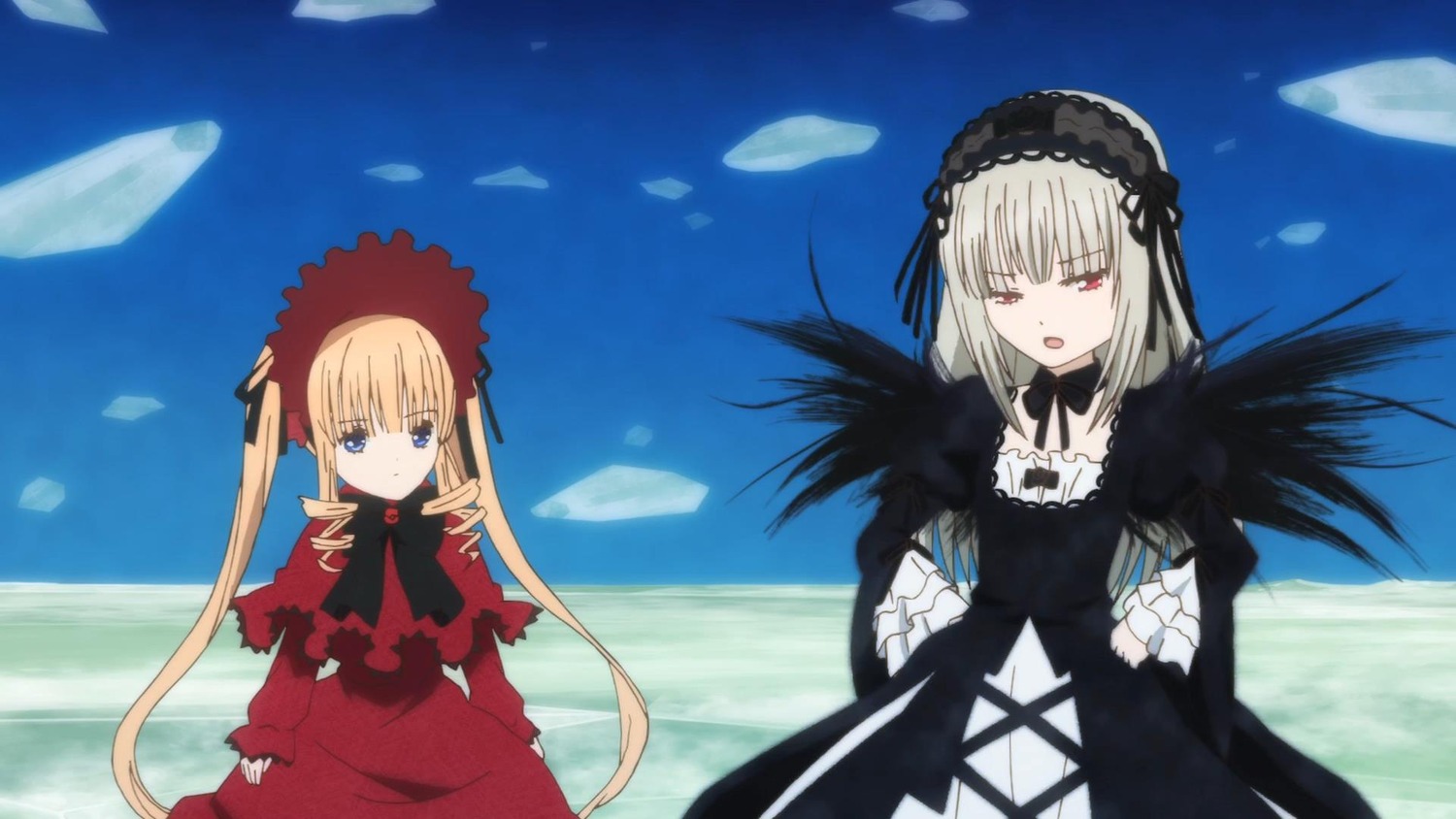 2girls black_wings blonde_hair blue_eyes bonnet bow dress flower frills hairband image long_hair long_sleeves looking_at_viewer multiple_girls one_eye_closed open_mouth pair red_dress red_eyes rose shinku silver_hair sky suigintou twintails very_long_hair wings