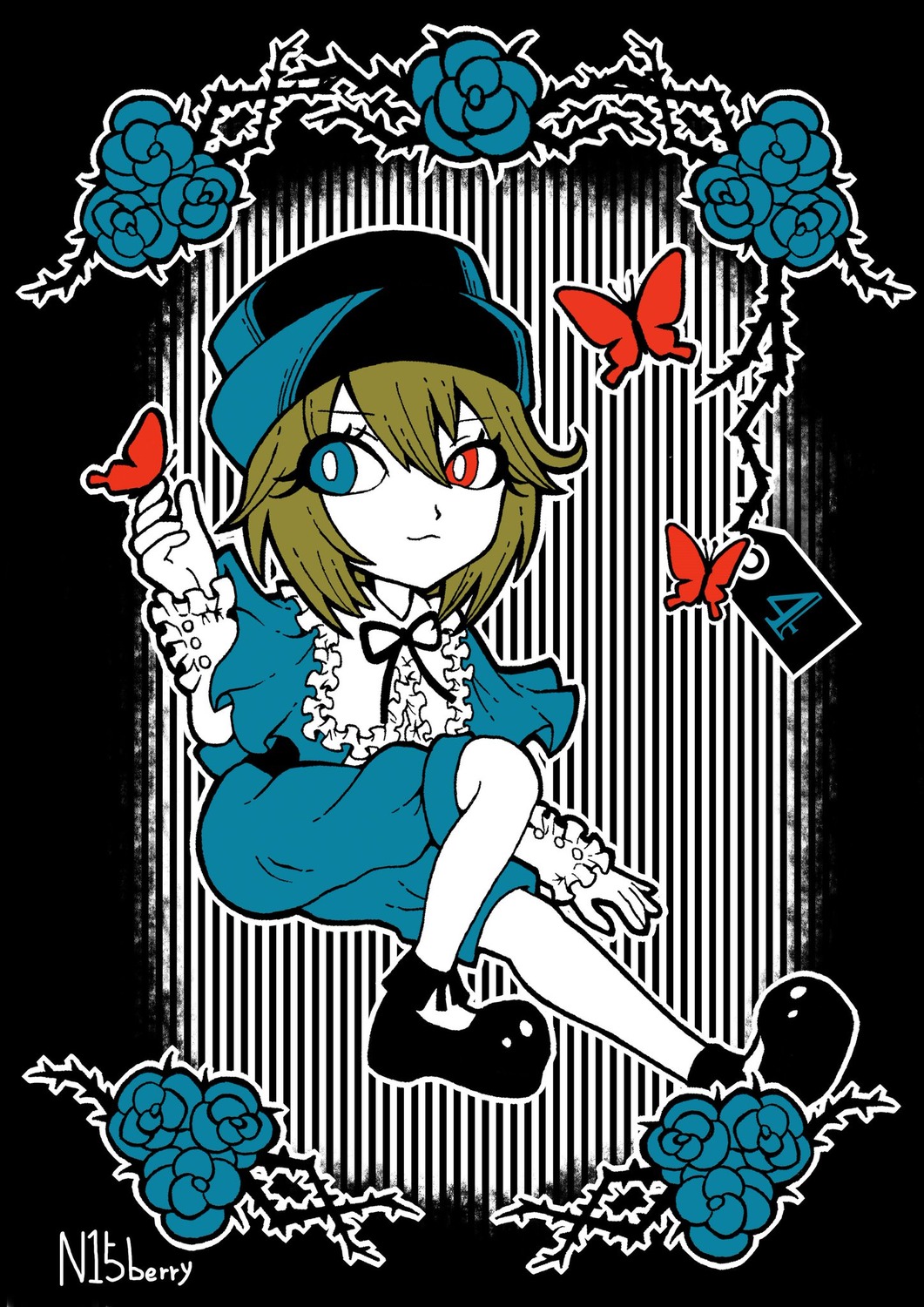 1girl blonde_hair blue_butterfly blue_eyes blue_flower blue_rose bug butterfly dress flower hat heterochromia image insect red_eyes rose short_hair solo souseiseki squiggle