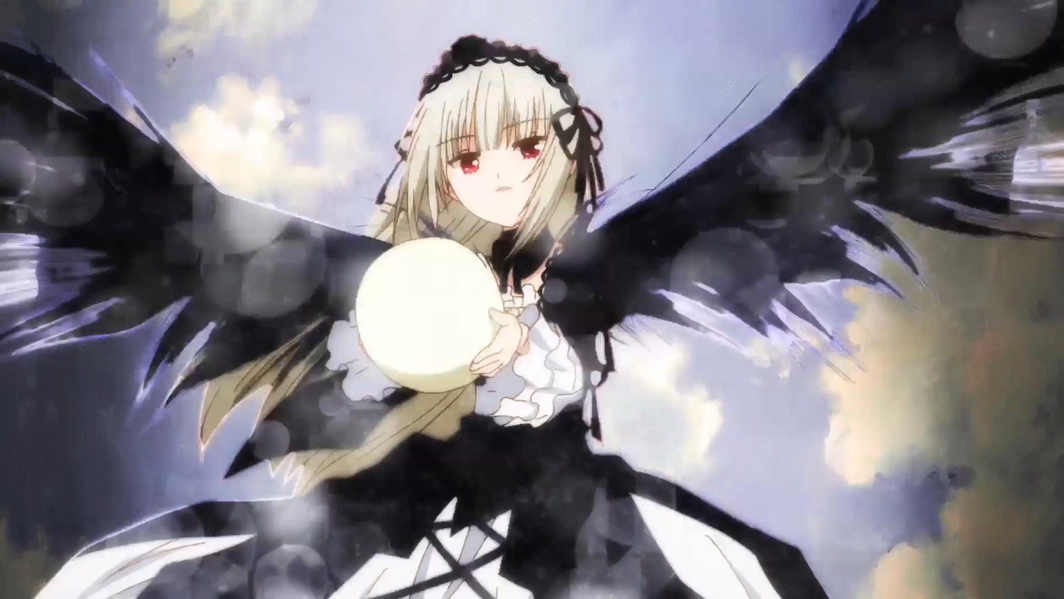 1girl bangs black_dress black_ribbon black_wings cloud dress feathered_wings flower frills gothic_lolita hairband image long_hair long_sleeves looking_at_viewer red_eyes ribbon rose silver_hair sky solo suigintou wings