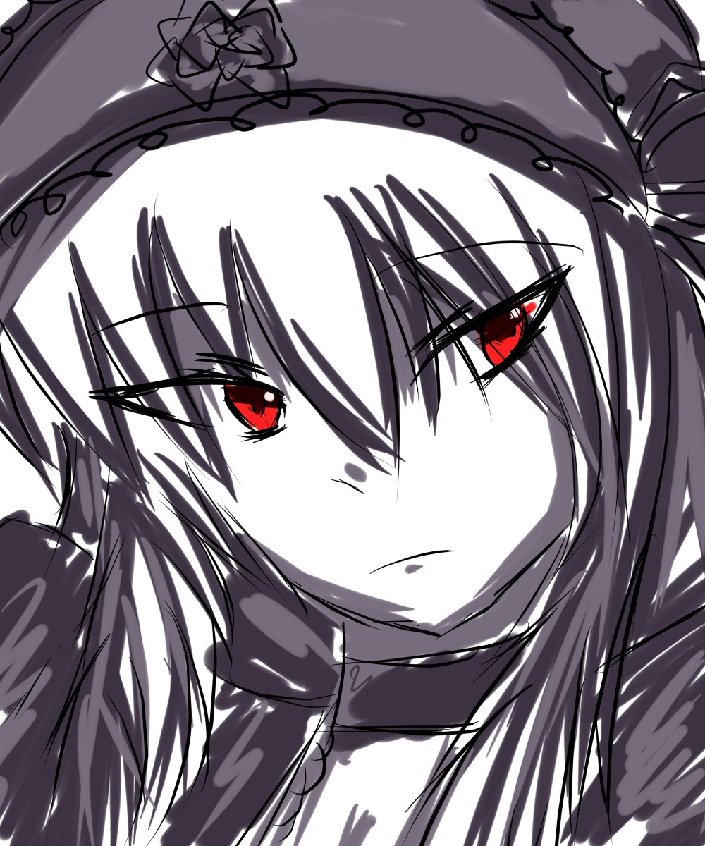 1girl bangs braid closed_mouth eyebrows_visible_through_hair hair_between_eyes hat image looking_at_viewer mob_cap parted_lips red_eyes remilia_scarlet simple_background solo suigintou white_background