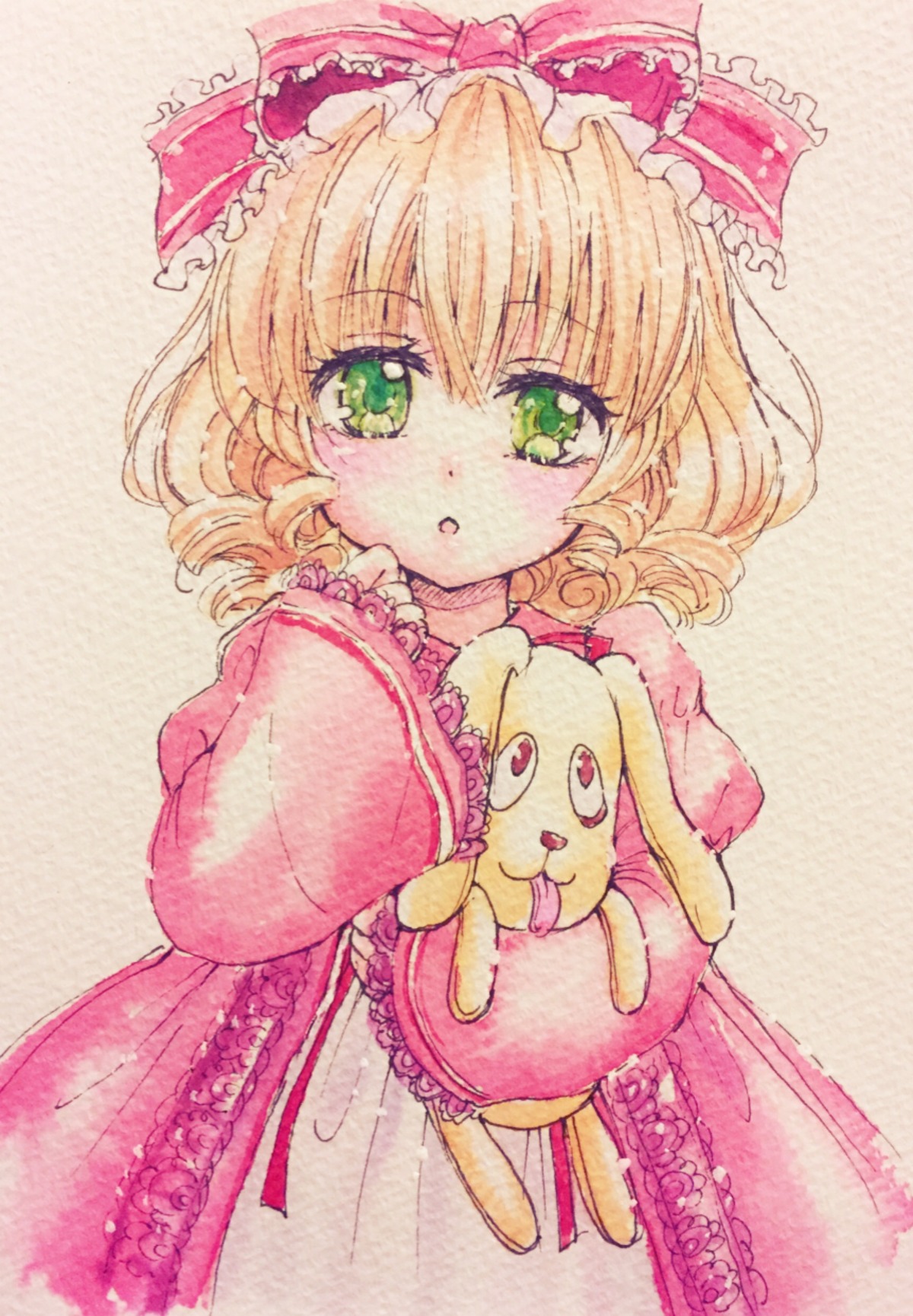 1girl blonde_hair blush bow dress eyebrows_visible_through_hair frills green_eyes hina_ichigo hinaichigo image looking_at_viewer short_hair solo standing stuffed_animal stuffed_bunny traditional_media