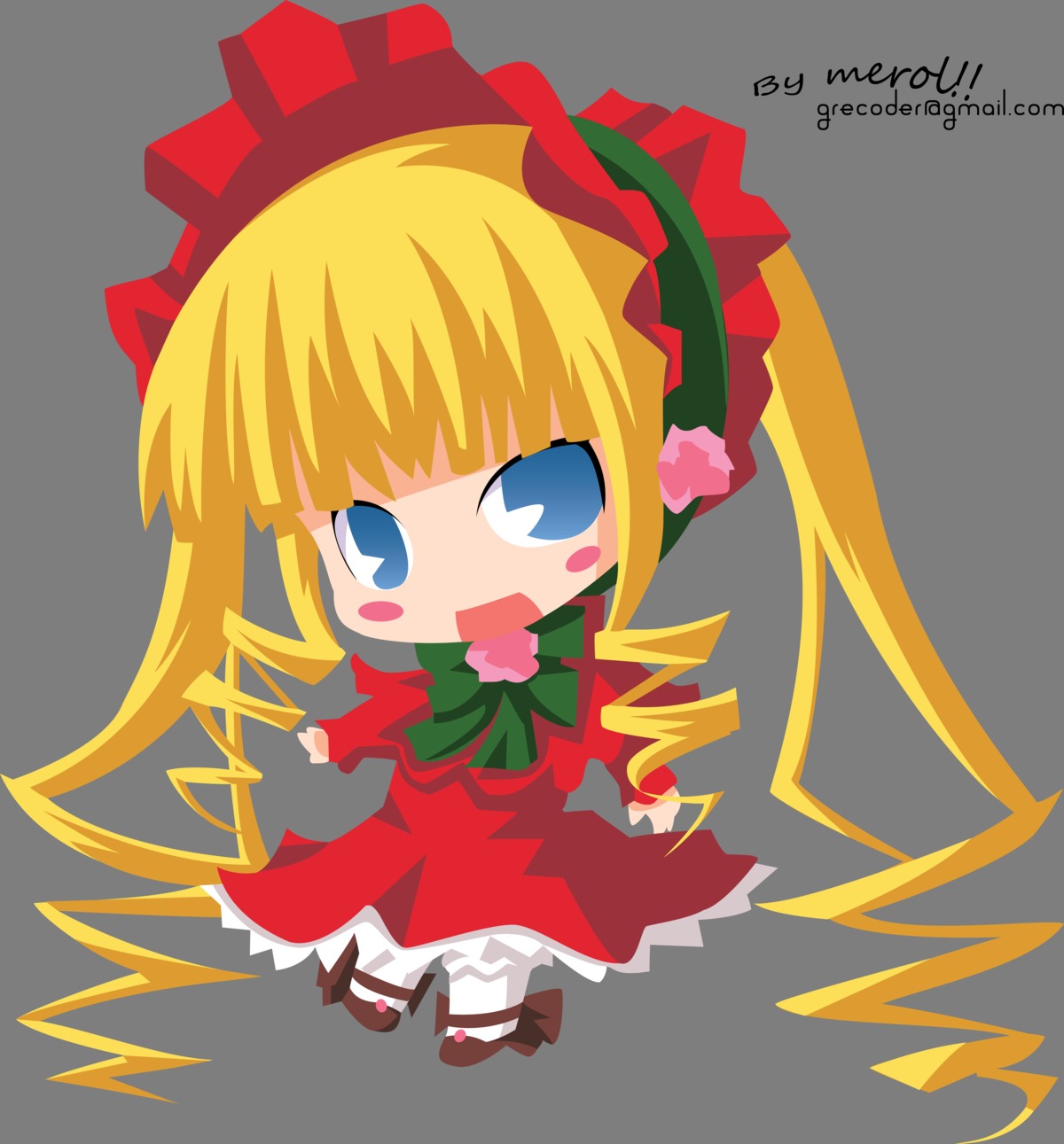 1girl :d blonde_hair blue_eyes blush_stickers bonnet bow bowtie chibi dress drill_hair full_body image long_hair long_sleeves looking_at_viewer open_mouth shinku simple_background solo white_background