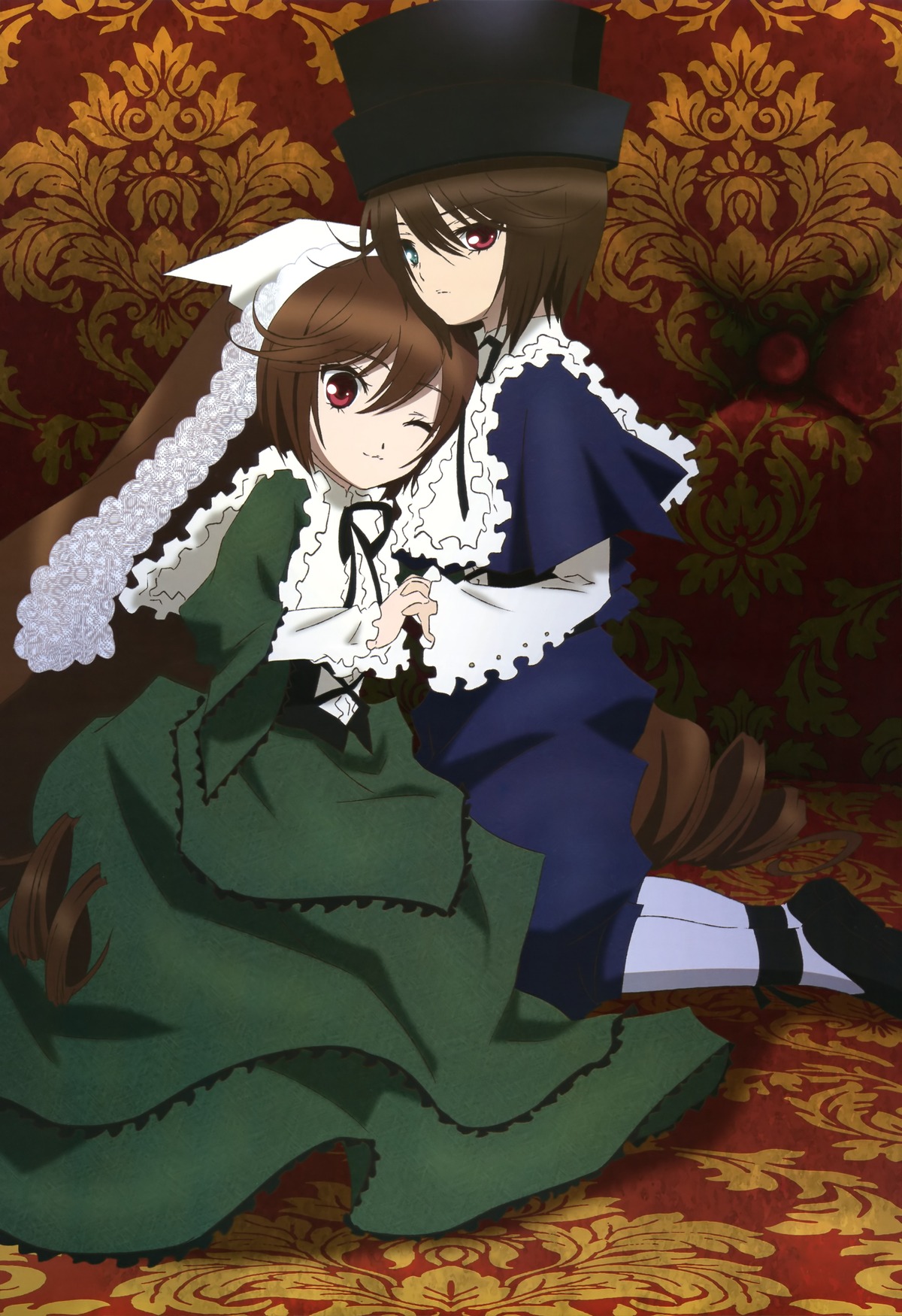 2girls absurdres blue_dress brown_hair dress frills gothic_lolita green_dress green_eyes hat heterochromia highres holding_hands image interlocked_fingers kneeling lolita_fashion long_hair multiple_girls non-web_source nyantype official_art one_eye_closed pair pantyhose pantyhose_under_trousers red_eyes rozen_maiden sakai_kyuuta short_hair siblings sisters smile souseiseki suiseiseki top_hat twins very_long_hair