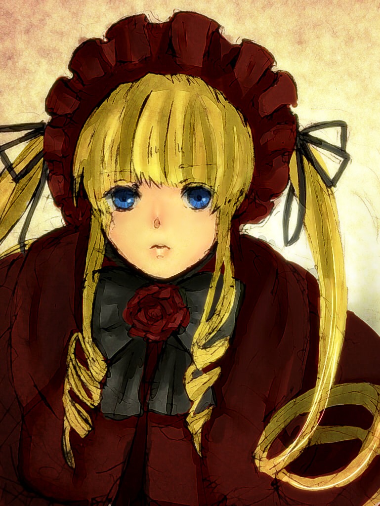 1girl blonde_hair blue_eyes bonnet bow bowtie drill_hair flower image long_hair long_sleeves looking_at_viewer red_flower red_rose rose shinku solo twin_drills twintails upper_body