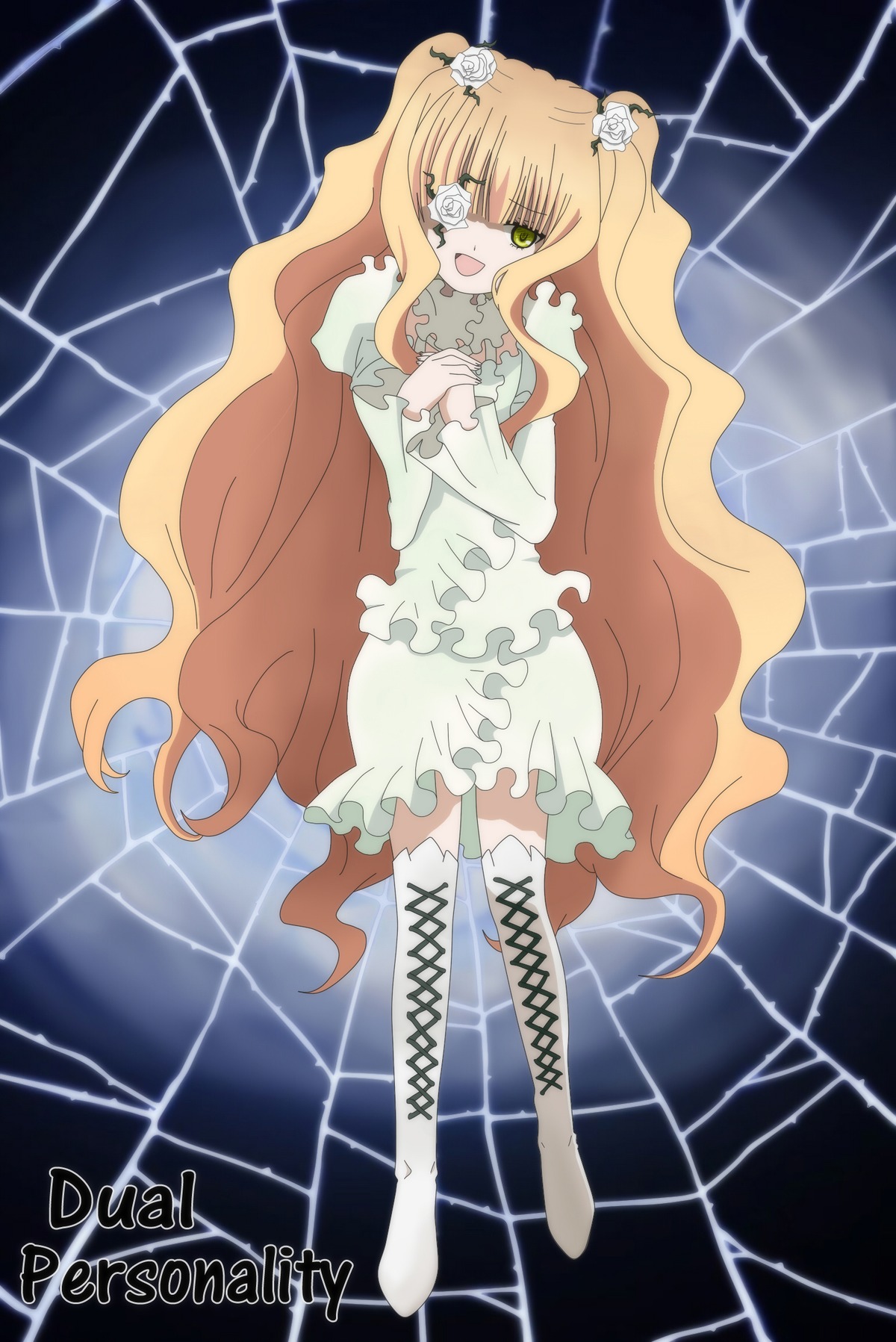 1girl blonde_hair boots cross-laced_footwear dress eyepatch flower frills green_eyes hair_flower hair_ornament image kirakishou long_hair open_mouth rose silk solo spider_web thigh_boots thighhighs thorns very_long_hair wavy_hair white_footwear yellow_eyes zettai_ryouiki