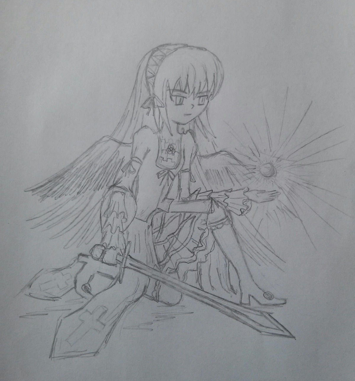 1girl akemi_homura akuma_homura bare_shoulders feathered_wings full_body gloves greyscale image long_hair magical_girl miki_sayaka monochrome simple_background solo suigintou thighhighs traditional_media weapon wings zettai_ryouiki