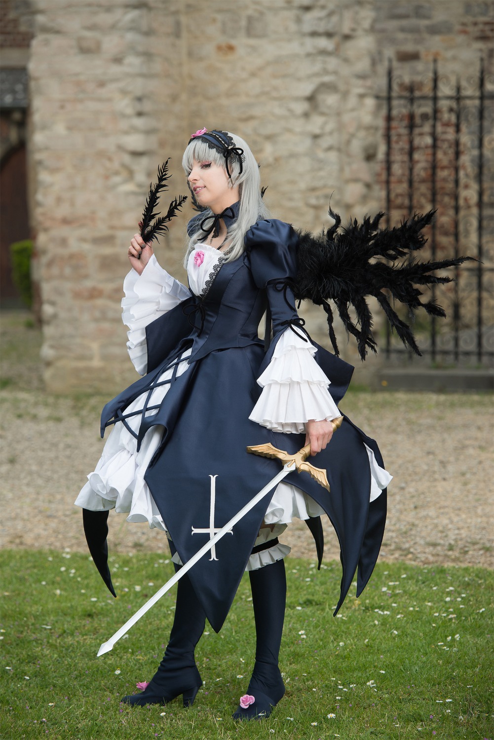 1girl blurry boots dress feathers flower frills hairband holding long_hair long_sleeves rose silver_hair solo standing suigintou sword weapon wings