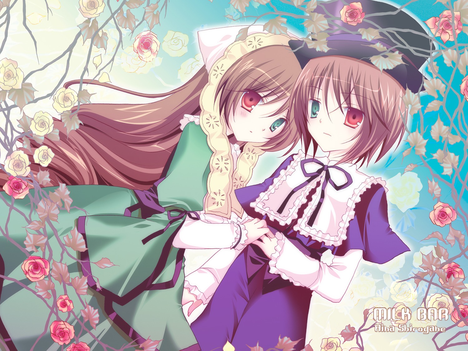 2girls brown_hair dress flower frills green_dress green_eyes hat heterochromia holding_hands image long_hair long_sleeves multiple_girls pair pink_flower pink_rose red_eyes rose short_hair siblings sisters souseiseki suiseiseki twins very_long_hair