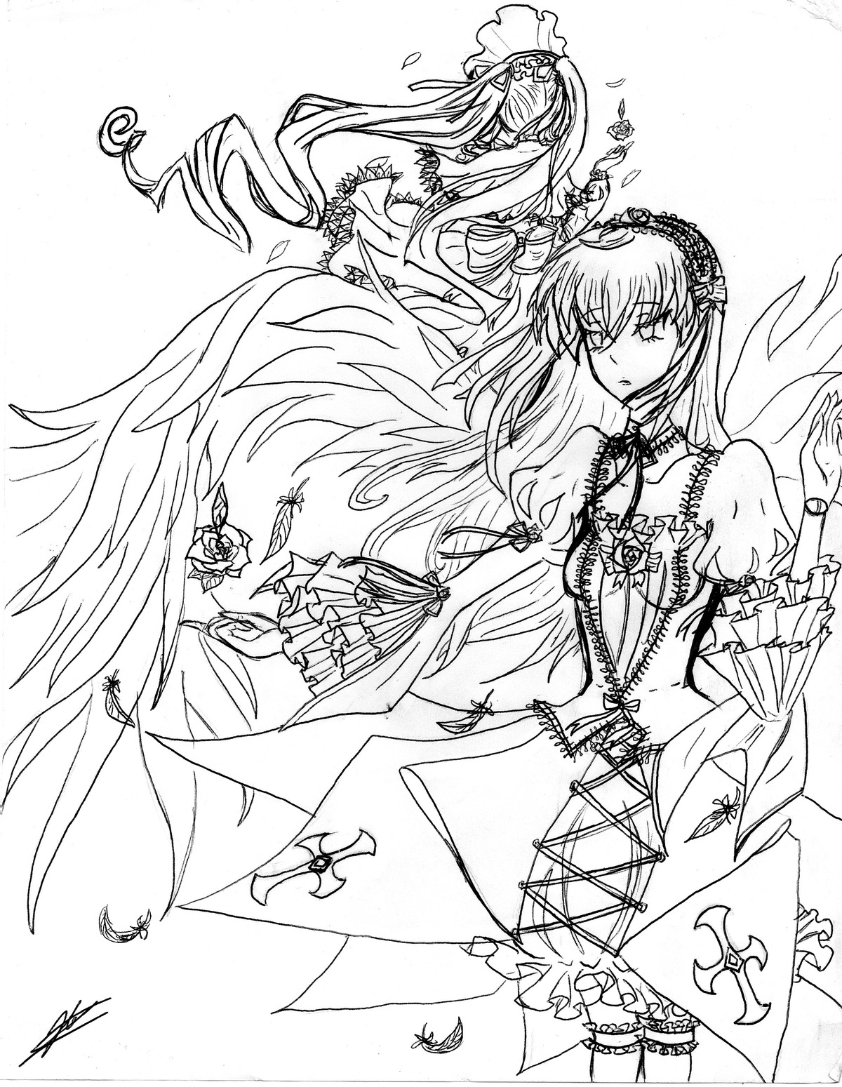 1girl dress flower frills greyscale hairband image long_hair long_sleeves monochrome pair rose shinku solo suigintou very_long_hair wings