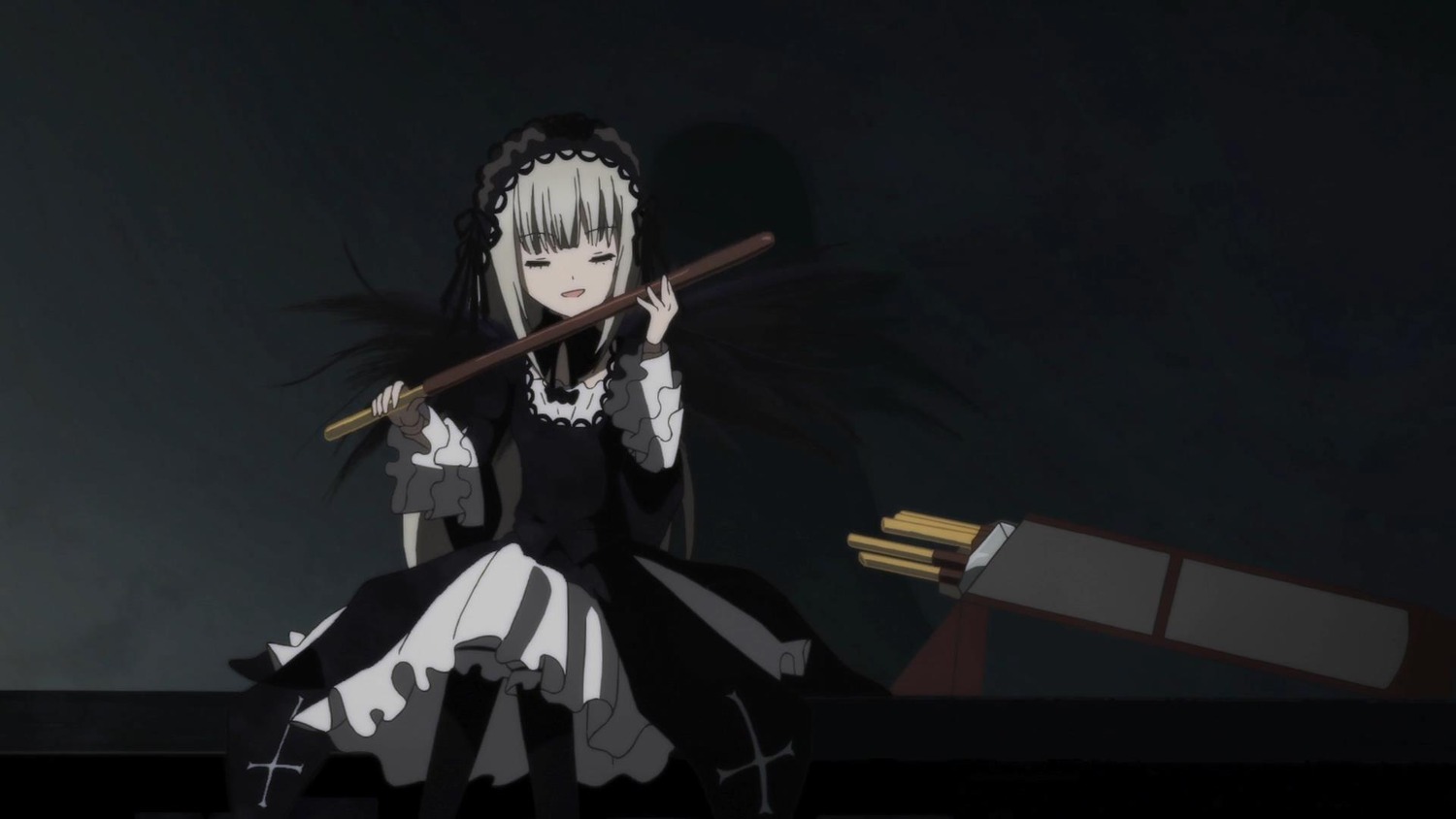 1girl bangs black_background black_dress closed_eyes cross dress frills hairband holding image instrument long_sleeves sitting solo suigintou