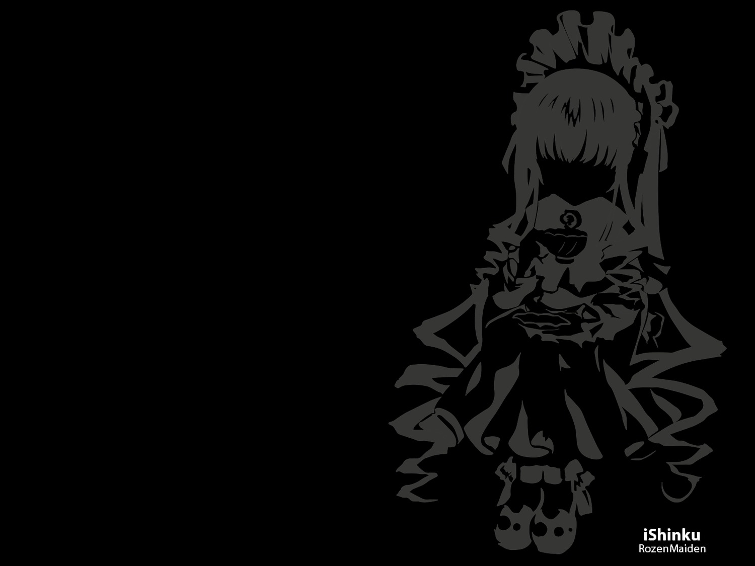 1girl dress frills full_body greyscale image long_hair monochrome shinku solo very_long_hair