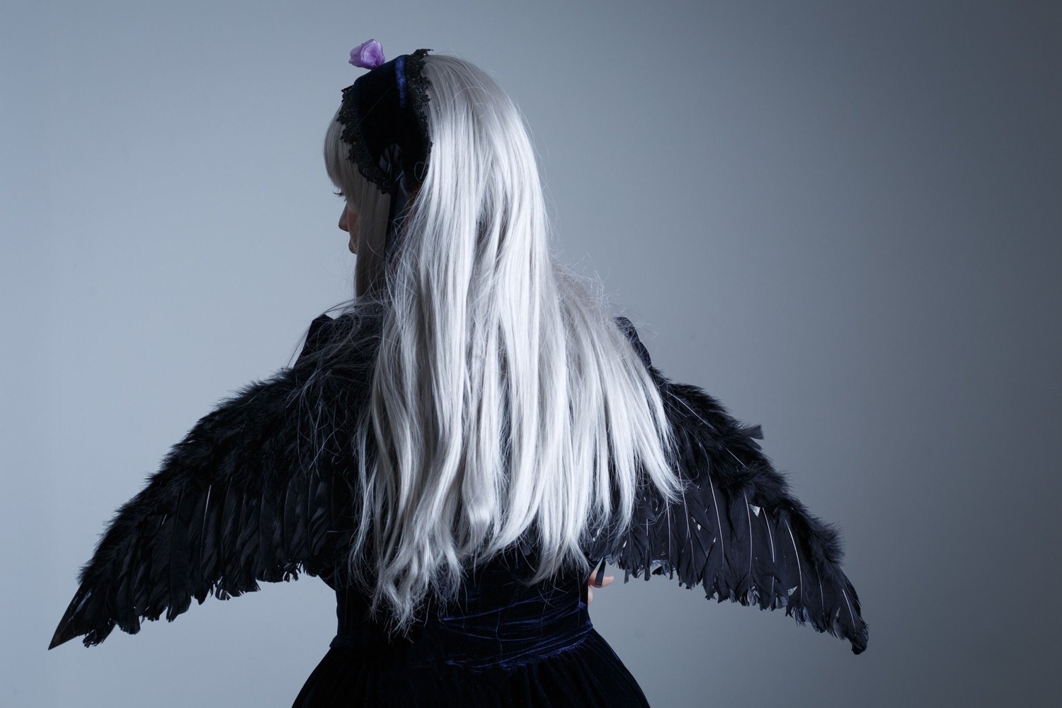 facing_away feathered_wings gradient gradient_background long_hair simple_background solo suigintou upper_body