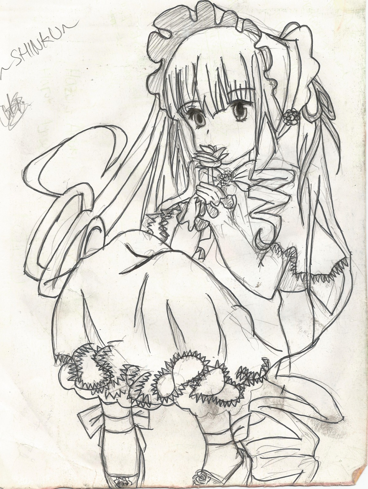 1girl dress drill_hair frills full_body image long_hair long_sleeves looking_at_viewer monochrome rose shinku sitting solo suigintou traditional_media twintails very_long_hair