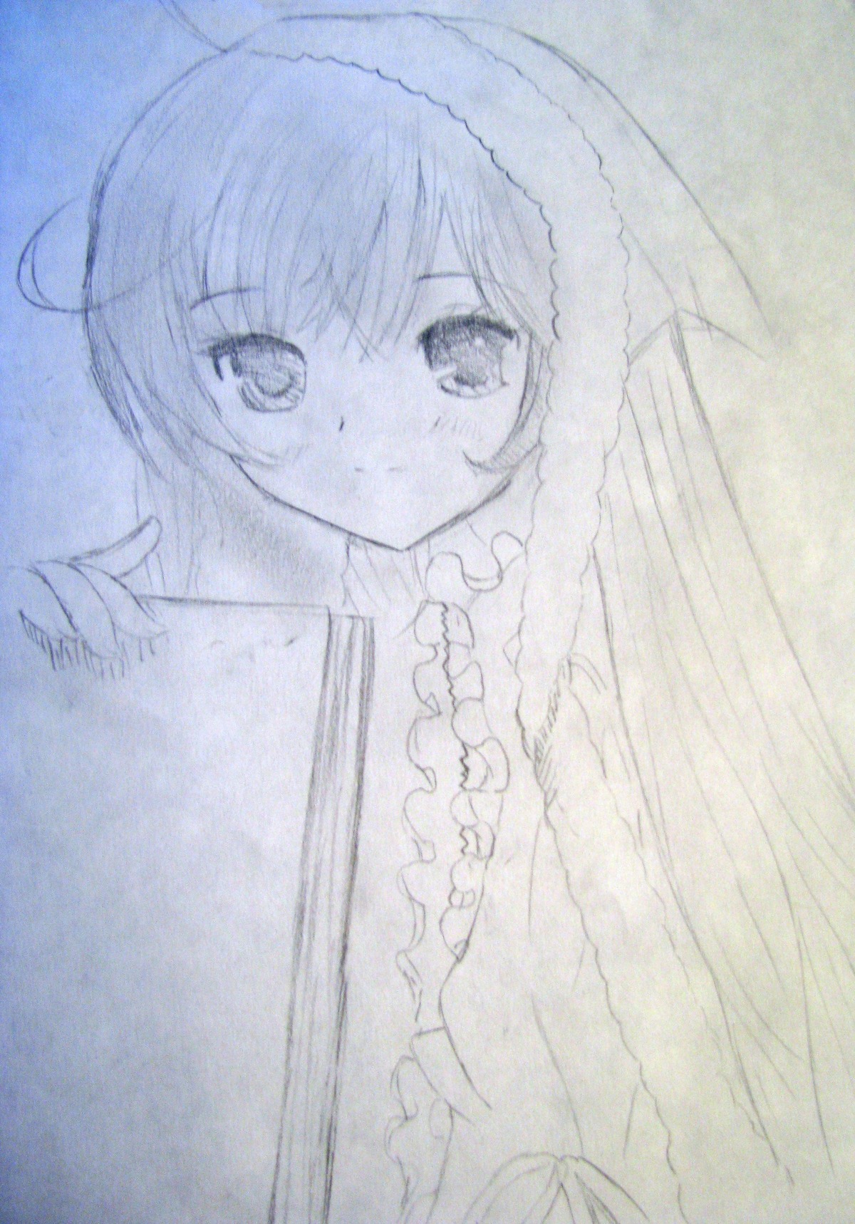 1girl blue_theme blush frills image long_hair looking_at_viewer monochrome solo suiseiseki traditional_media