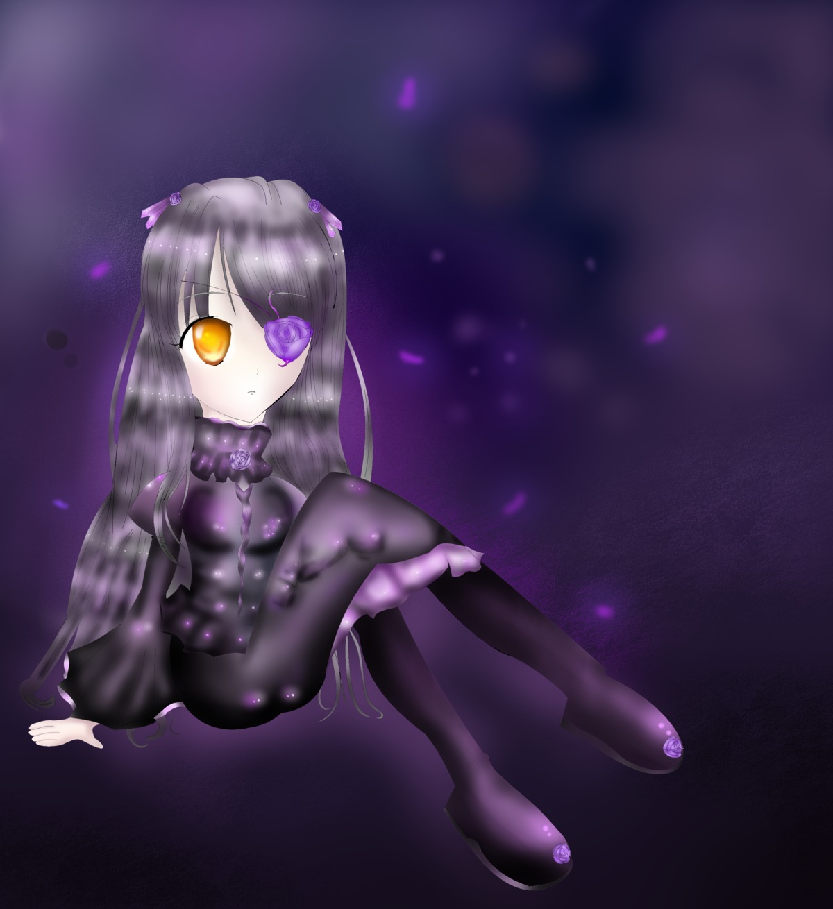 1girl barasuishou black_hair black_legwear boots dress eyepatch full_body image long_hair sitting solo very_long_hair yellow_eyes