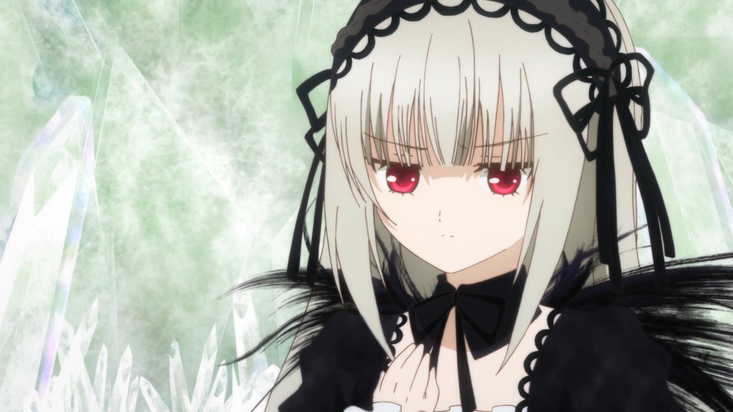 1girl bangs black_ribbon black_wings closed_mouth detached_collar dress expressionless eyebrows_visible_through_hair hairband image long_hair long_sleeves looking_at_viewer red_eyes ribbon silver_hair solo suigintou upper_body wings