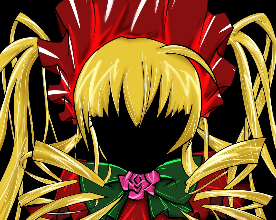 1girl blonde_hair bow face image long_hair parody portrait ribbon shinku solo style_parody twintails