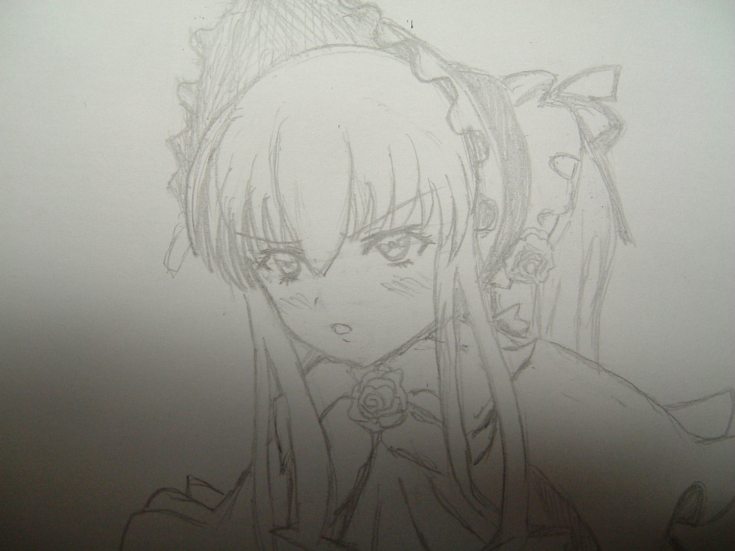 1girl eyebrows_visible_through_hair flower hairband image long_hair looking_at_viewer monochrome open_mouth rose shinku sketch solo traditional_media upper_body