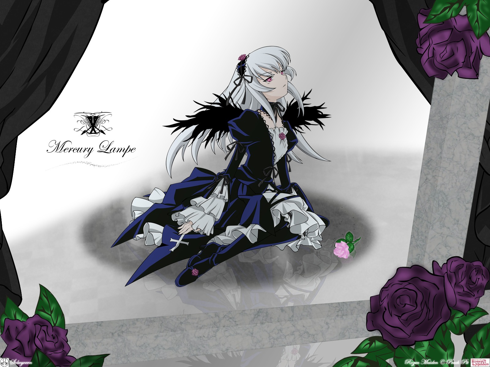 1girl bangs blue_flower dress flower frills hairband highres image juliet_sleeves long_hair long_sleeves photoshop_(medium) purple_flower purple_rose red_eyes red_rose ribbon rose rozen_maiden silver_hair solo solwyvern suigintou vector_trace white_hair