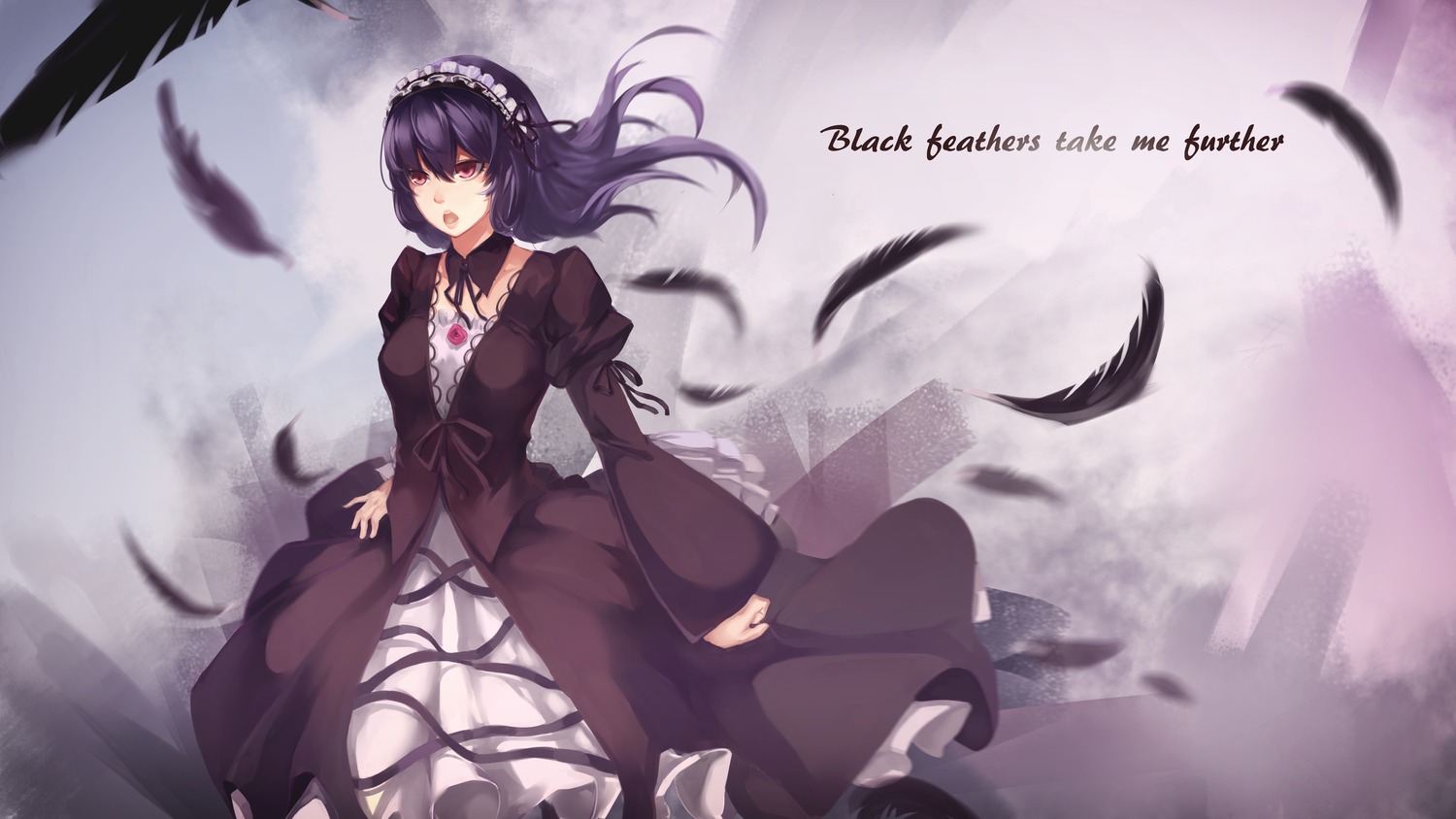 1girl bird black_feathers choker dress feathered_wings feathers hairband image juliet_sleeves lolita_fashion long_hair long_sleeves open_mouth puffy_sleeves purple_eyes purple_hair smile solo suigintou white_feathers wide_sleeves