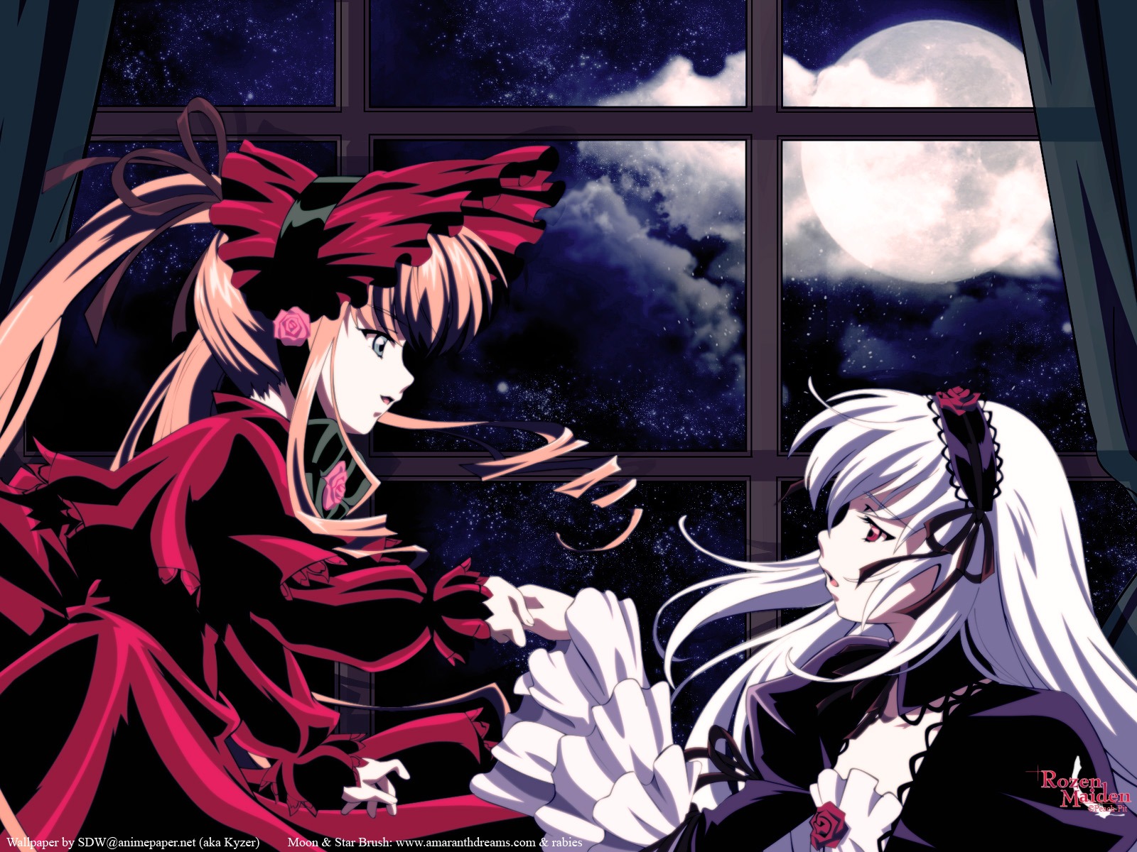 2girls dress flower full_moon hairband image long_hair long_sleeves looking_at_another moon multiple_girls night night_sky pair profile red_eyes rose shinku silver_hair sky star_(sky) starry_sky suigintou very_long_hair window yuri