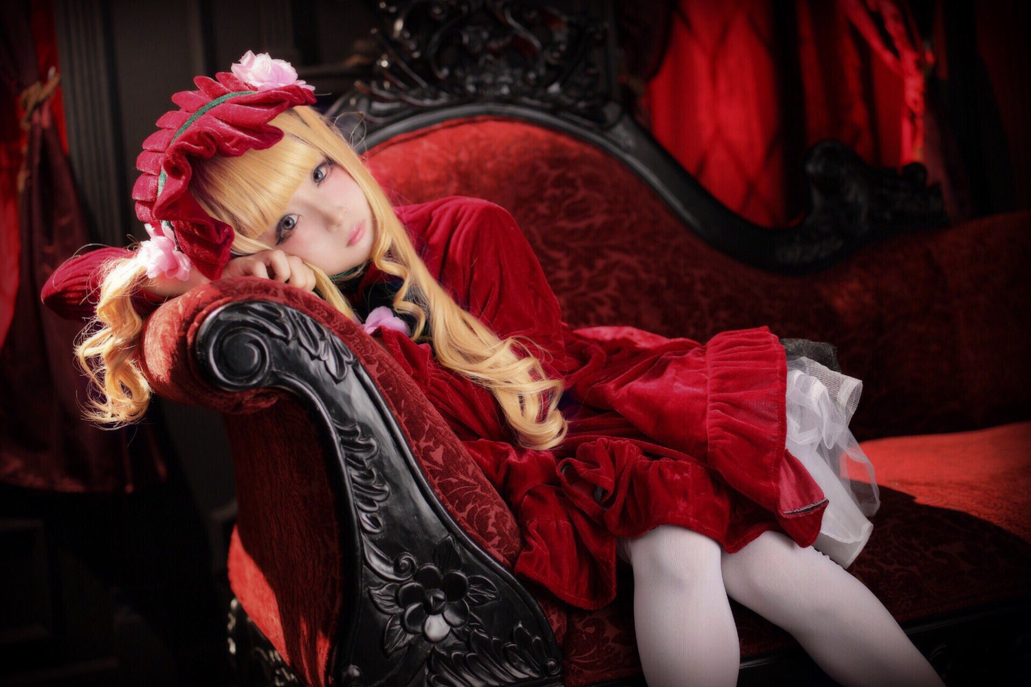 1girl bangs blonde_hair blue_eyes curtains dress flower long_hair long_sleeves looking_at_viewer realistic red_dress rose shinku sitting solo twintails