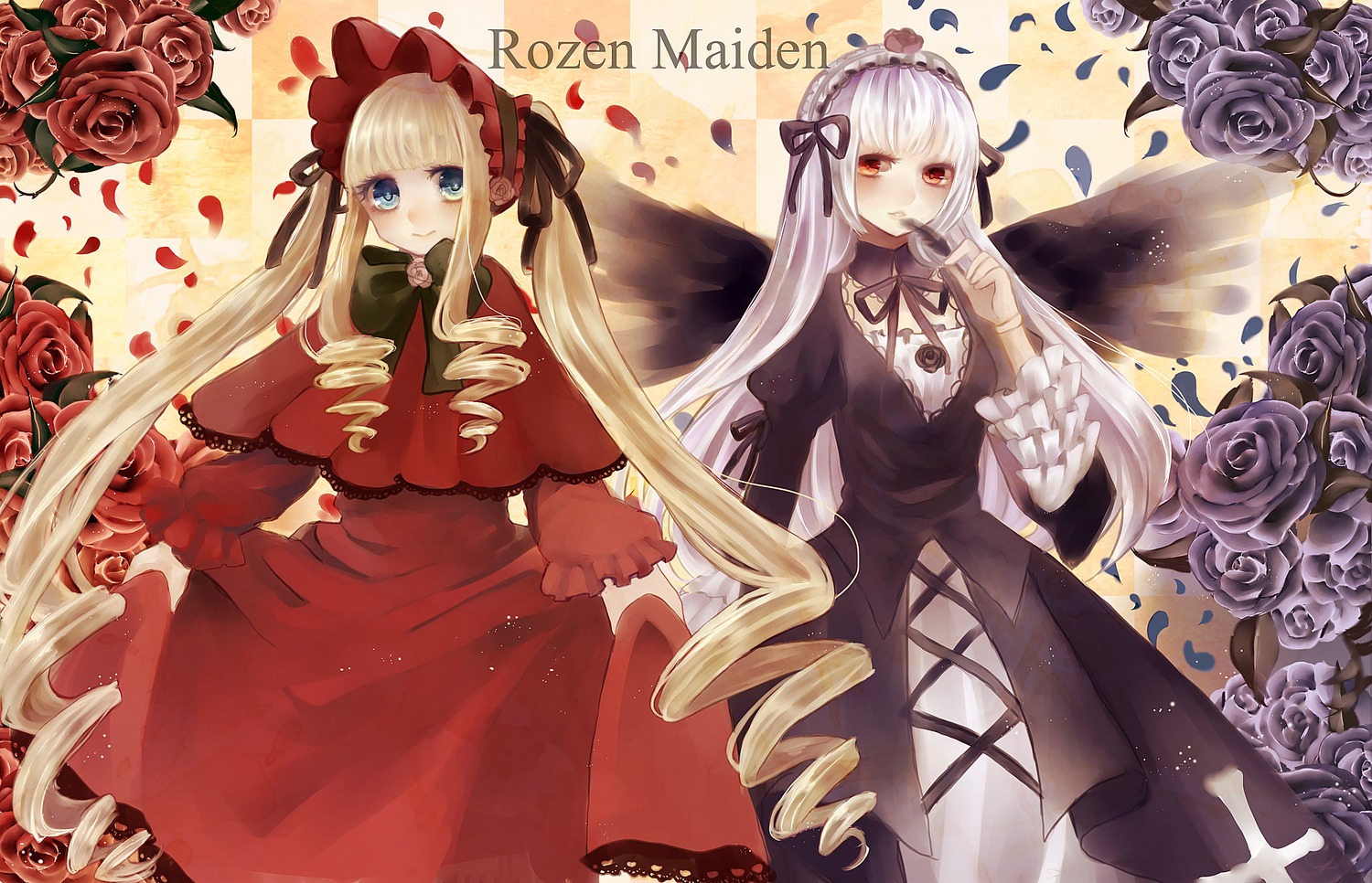 2girls black_flower black_rose blonde_hair blue_eyes blue_rose bonnet dress drill_hair flower hairband image lolita_fashion long_hair long_sleeves multiple_girls pair petals pink_flower pink_rose purple_flower purple_rose red_eyes red_flower red_rose rose rose_petals shinku silver_hair suigintou thorns twin_drills twintails very_long_hair white_rose