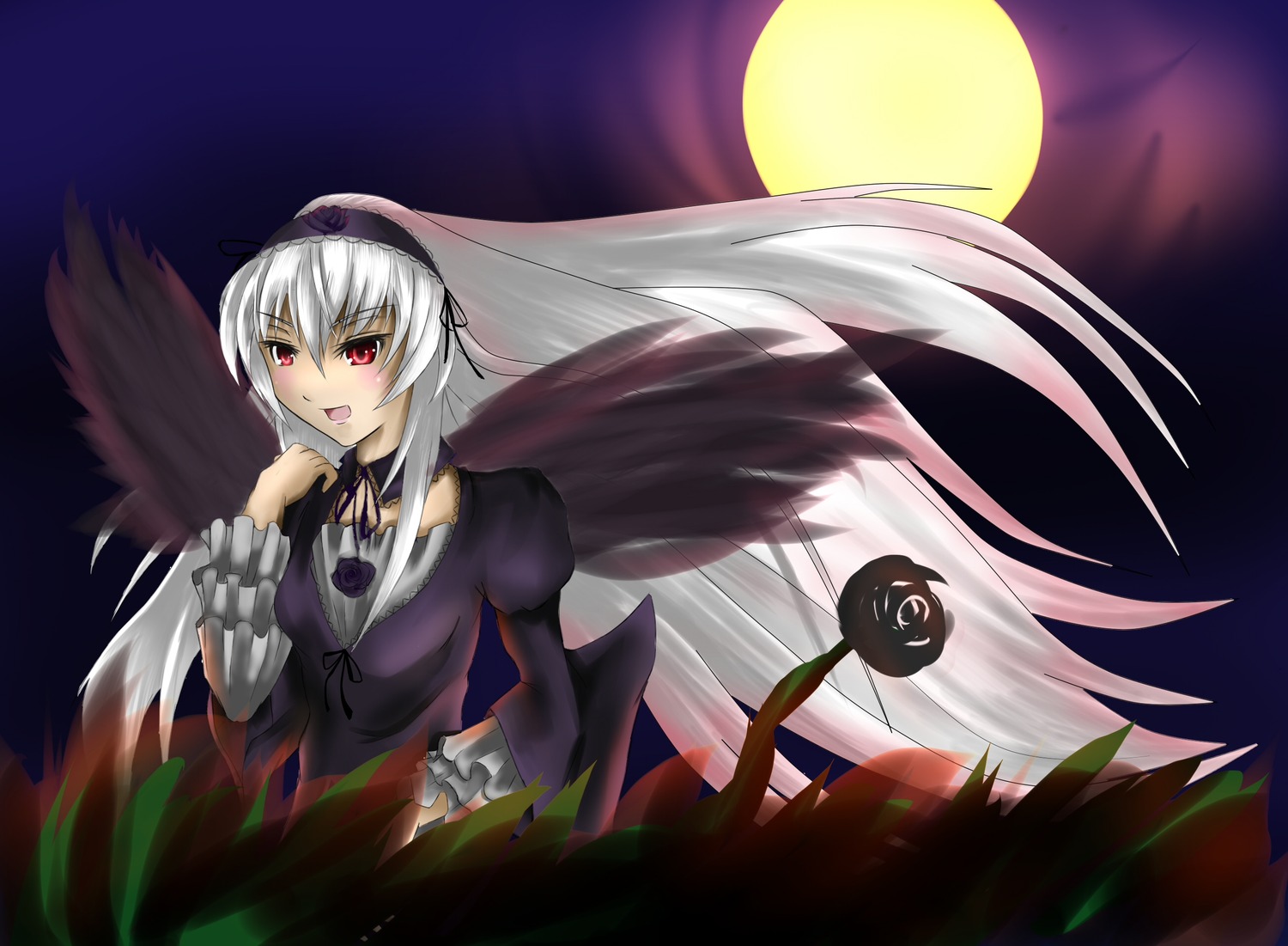 1girl auto_tagged black_wings dress flower frills full_moon hairband image juliet_sleeves long_hair long_sleeves looking_at_viewer moon night night_sky open_mouth outdoors puffy_sleeves red_eyes red_moon rose silver_hair sky solo suigintou very_long_hair wings