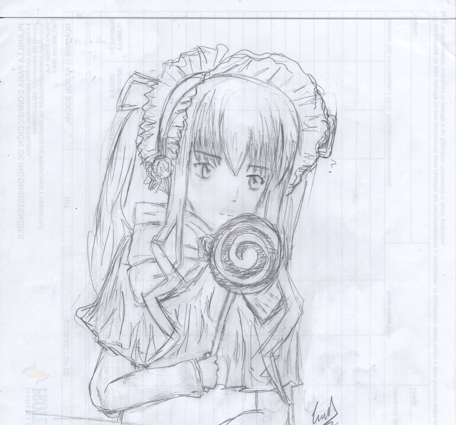 1girl auto_tagged eighth_note greyscale image long_hair long_sleeves looking_at_viewer monochrome musical_note ribbon shinku signature sketch smile solo traditional_media upper_body
