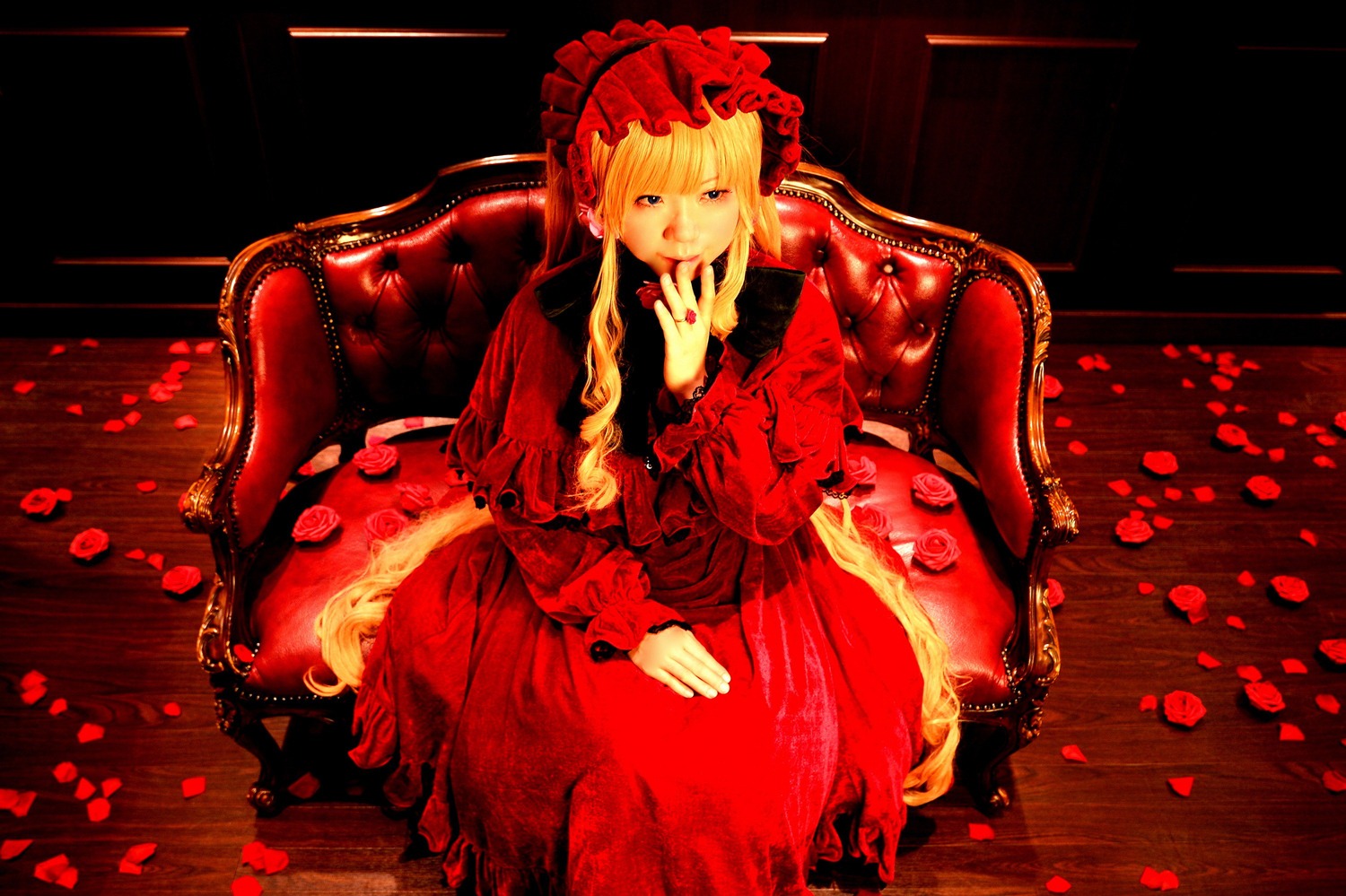 1girl blonde_hair dress flower frills long_hair long_sleeves looking_at_viewer petals red_dress red_theme rose rose_petals shinku sitting solo