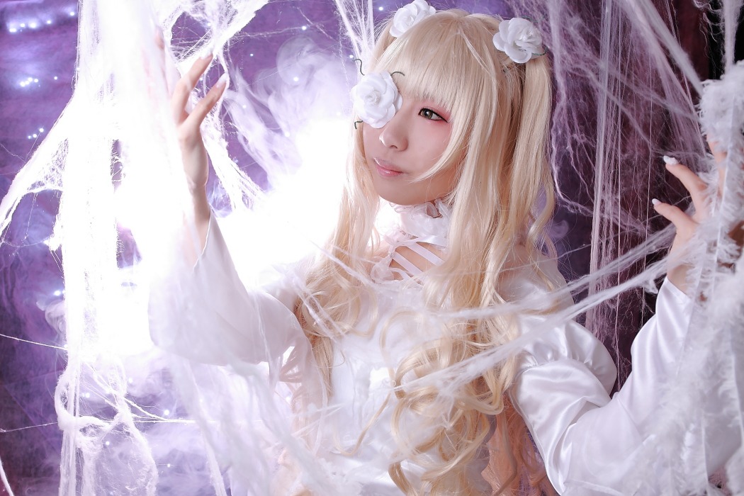 1girl bangs blonde_hair dress flower hair_flower hair_ornament kirakishou lips long_hair rose solo two_side_up white_dress white_flower white_rose