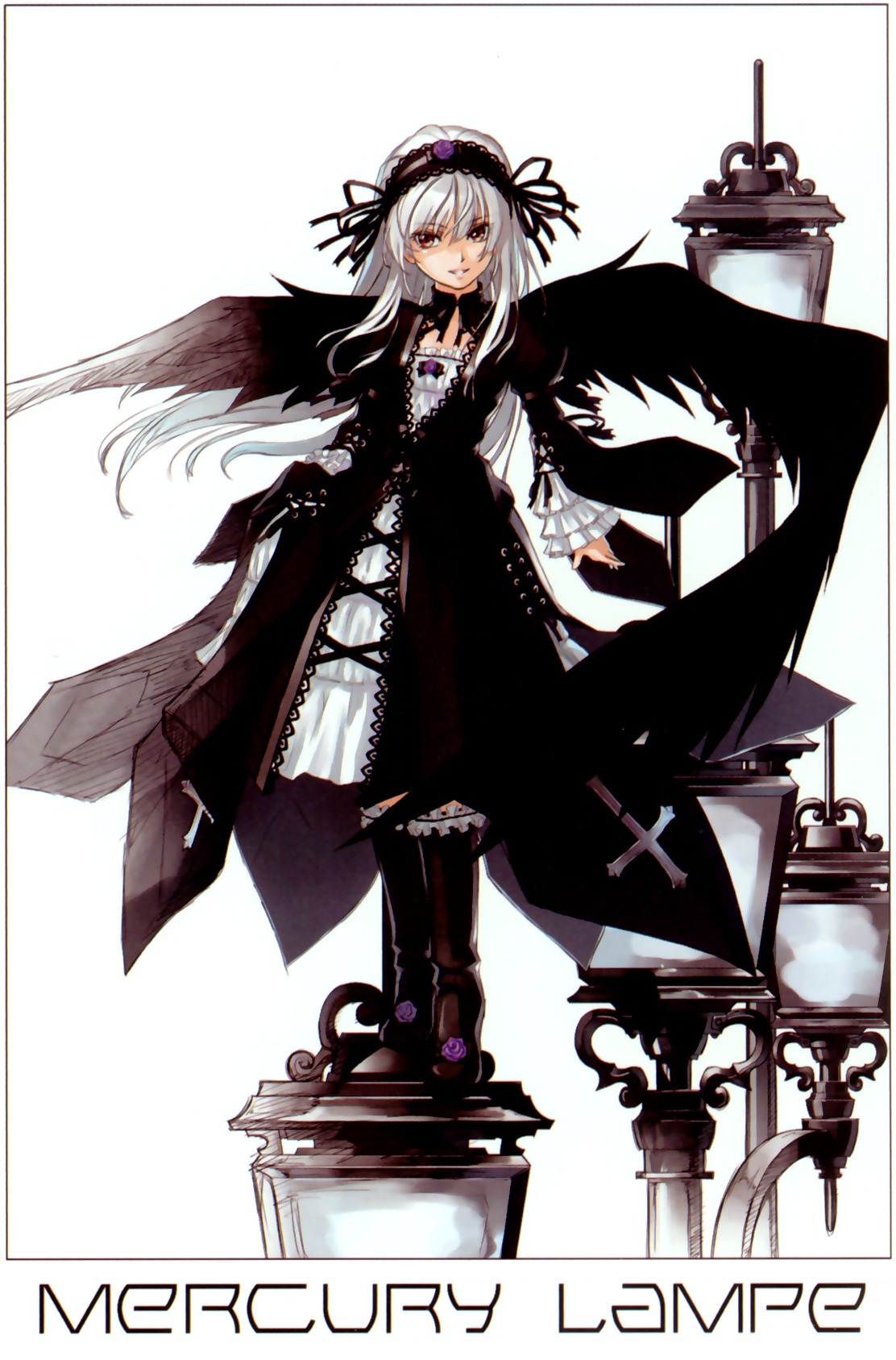 1girl black_dress black_wings boots cross dress flower frills full_body hairband image long_hair long_sleeves looking_at_viewer puffy_sleeves red_eyes ribbon rose silver_hair solo standing suigintou weapon white_background wings