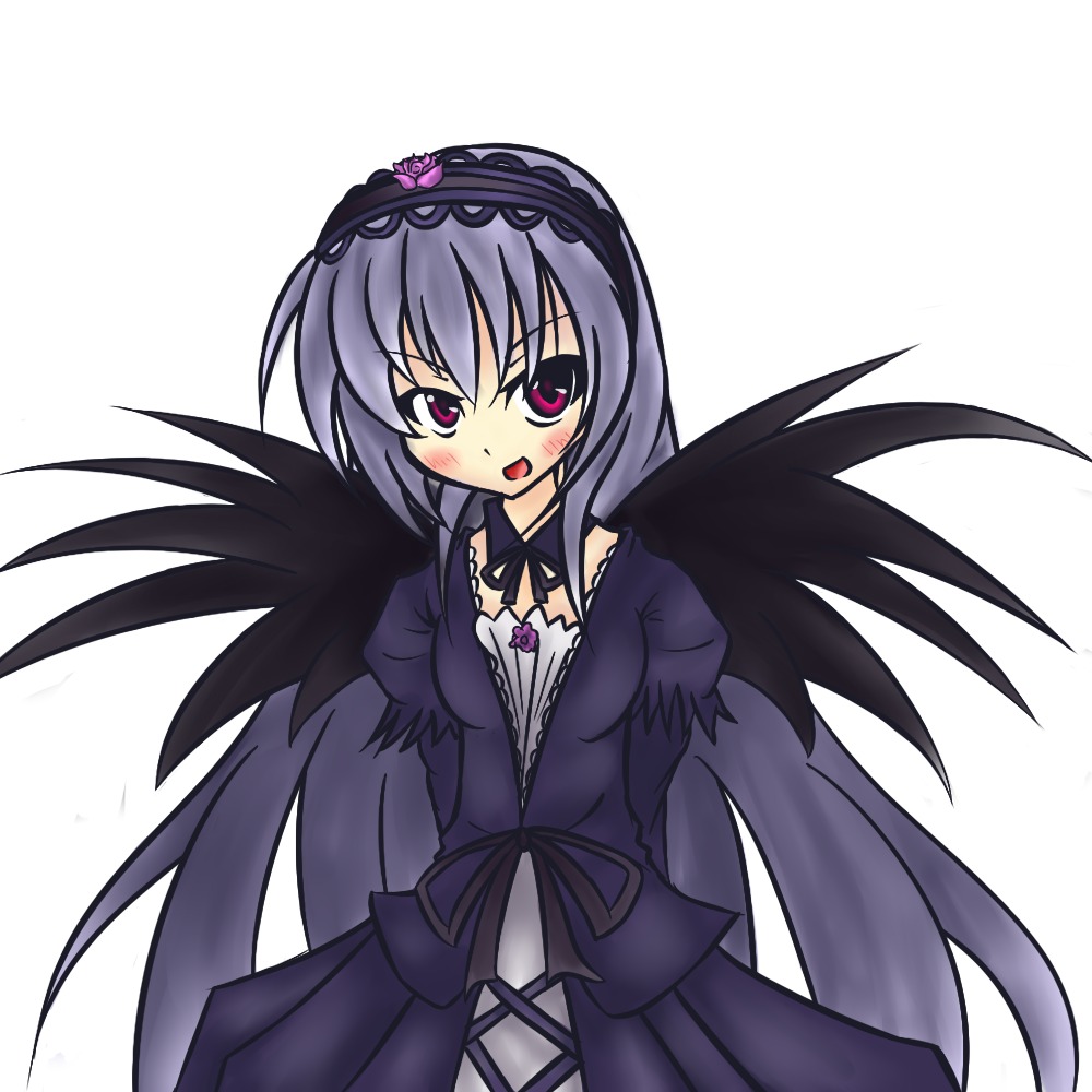 1girl :d black_wings blush dress frills hairband image long_hair long_sleeves looking_at_viewer open_mouth silver_hair simple_background smile solo suigintou very_long_hair white_background wings