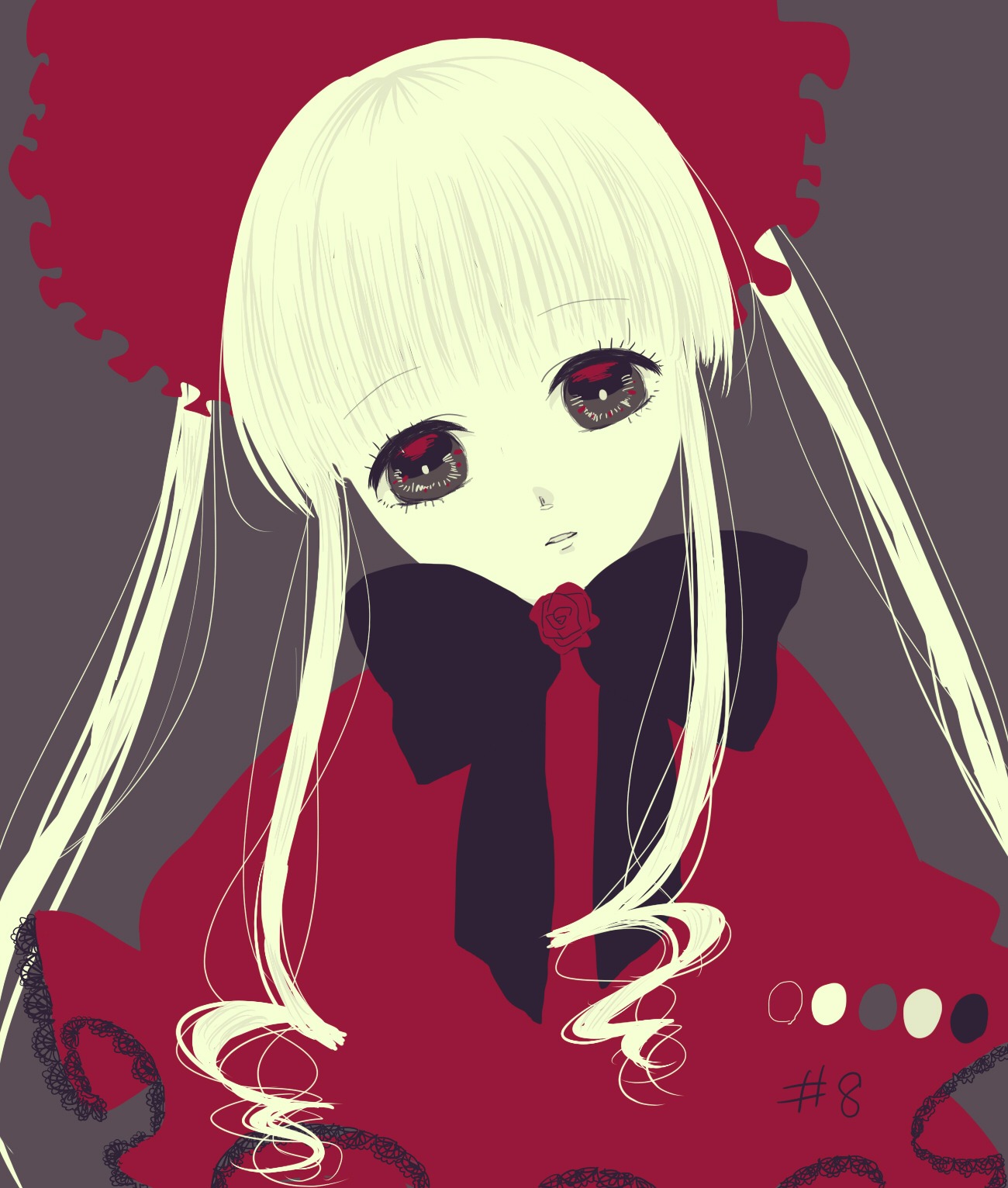 1girl bangs blonde_hair dress flower image long_hair long_sleeves looking_at_viewer parted_lips red_eyes red_theme rose shinku simple_background solo twintails upper_body