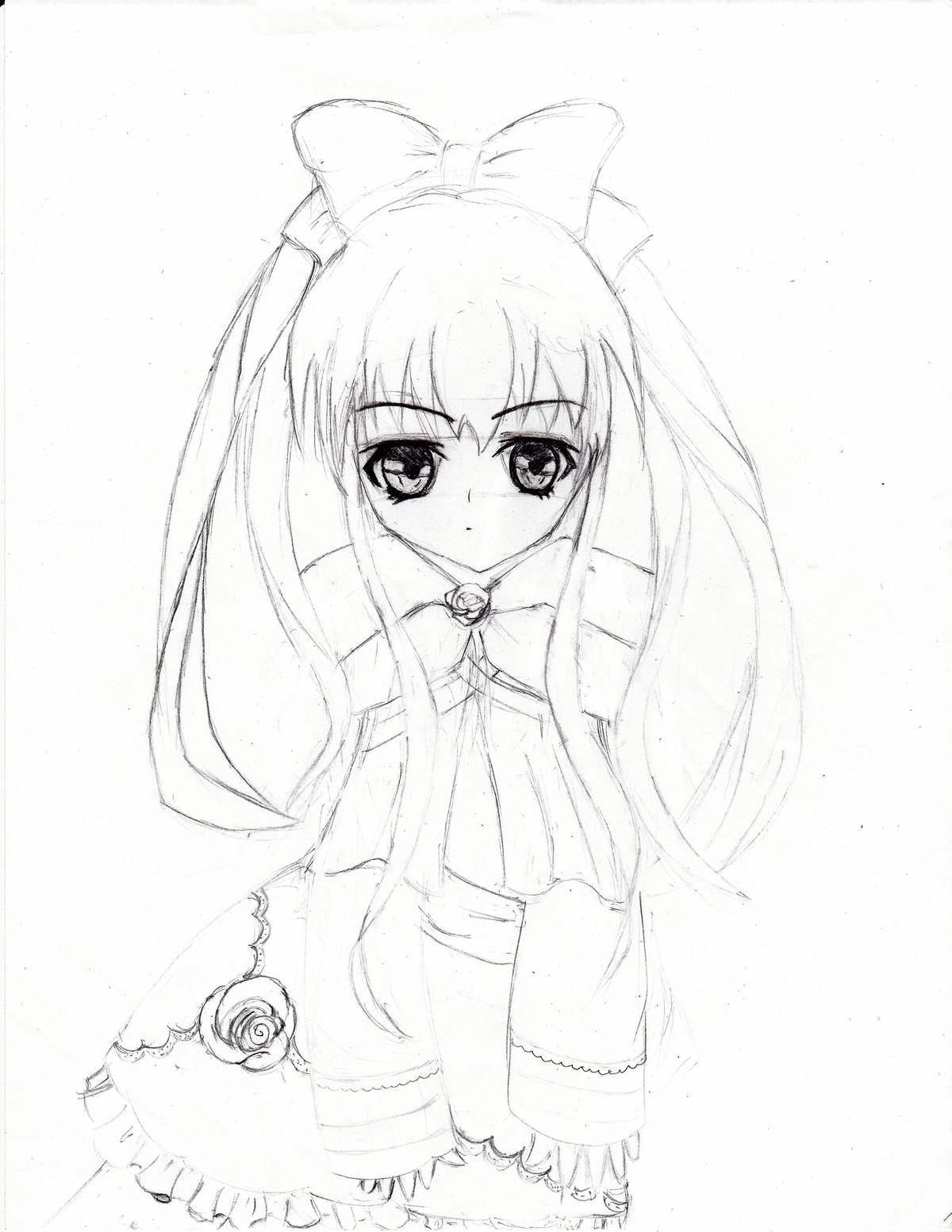 1girl blush dress greyscale image long_hair long_sleeves monochrome shinku solo