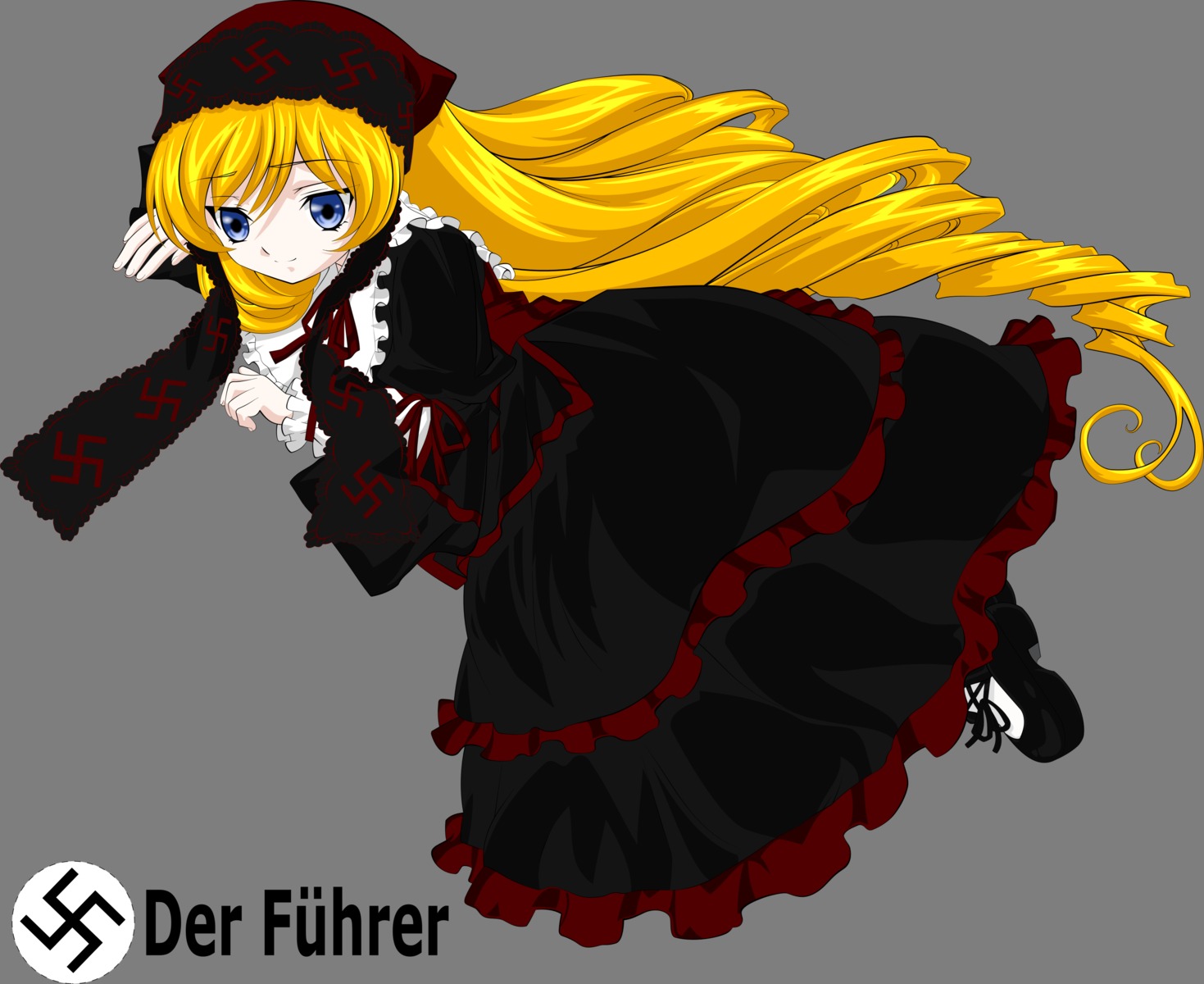 1girl black_dress blonde_hair blue_eyes dress drill_hair frills full_body image long_hair long_sleeves looking_at_viewer parody ribbon shoes solo style_parody suiseiseki transparent_background very_long_hair