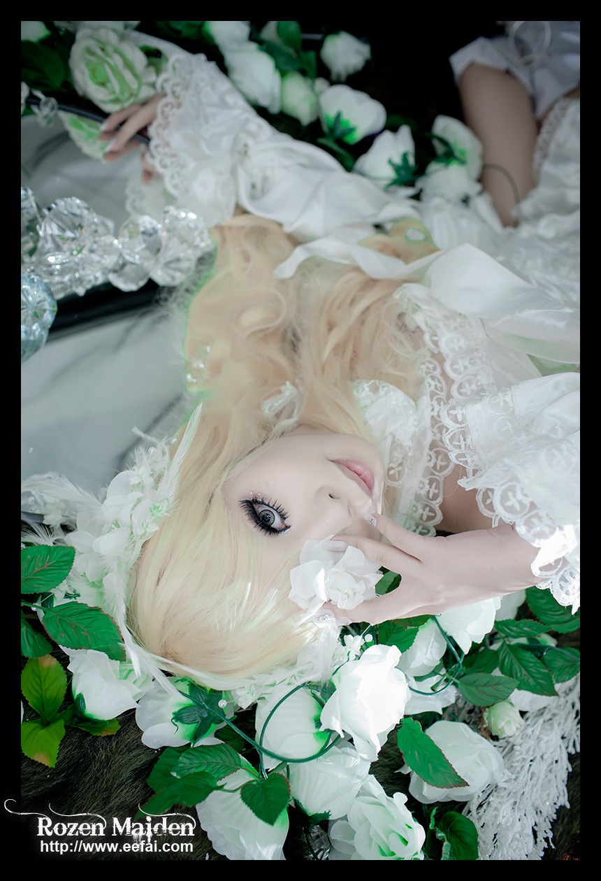 1girl 3d bangs black_border blonde_hair blue_eyes dress eyelashes flower hands kirakishou lace letterboxed lips lolita_fashion long_hair solo upper_body white_flower white_rose