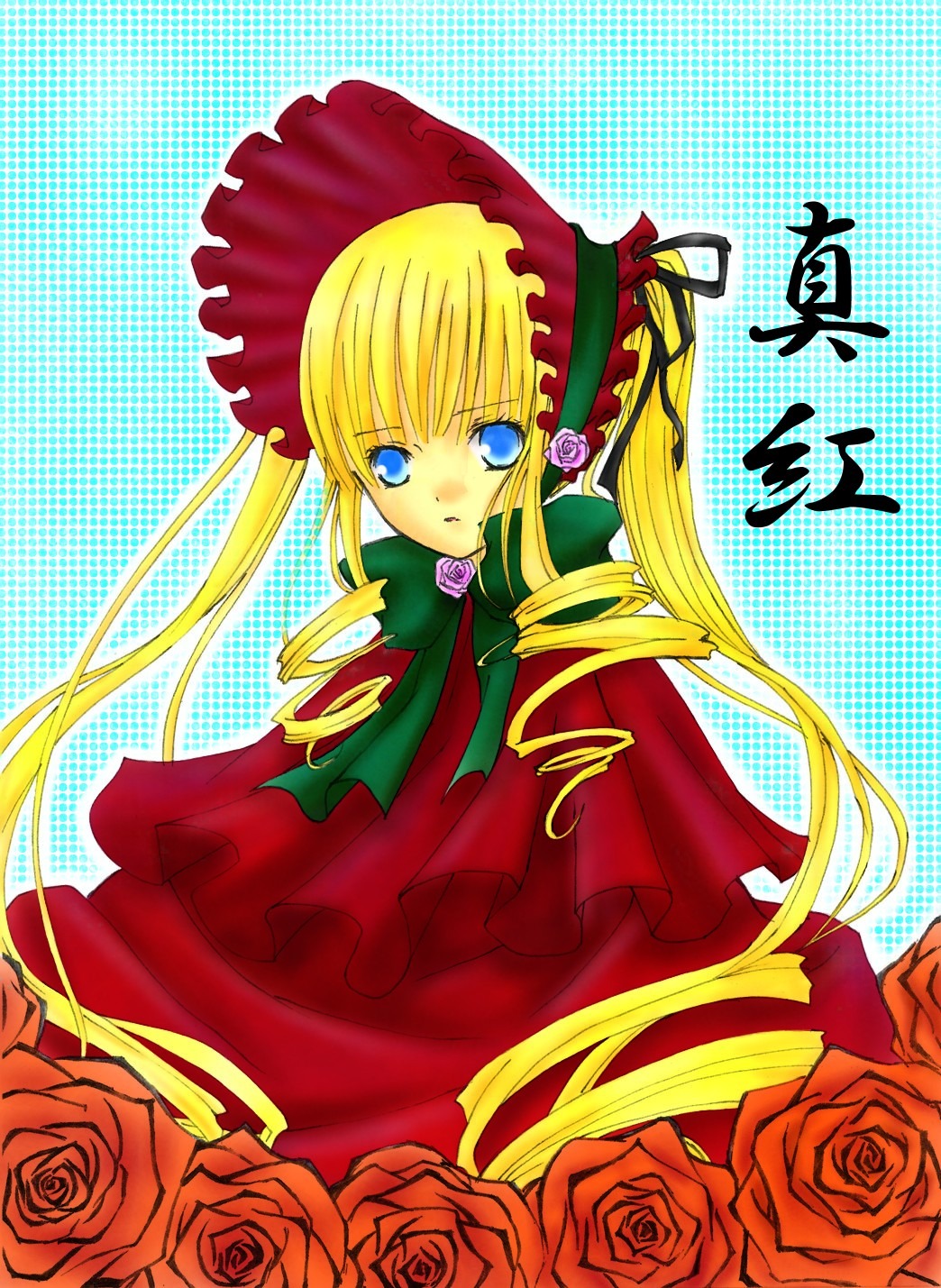 1girl blonde_hair blue_eyes bonnet bow capelet dress drill_hair flower green_bow halftone halftone_background image long_hair long_sleeves looking_at_viewer pink_flower pink_rose polka_dot polka_dot_background purple_rose red_flower red_rose rose shinku solo twintails yellow_rose