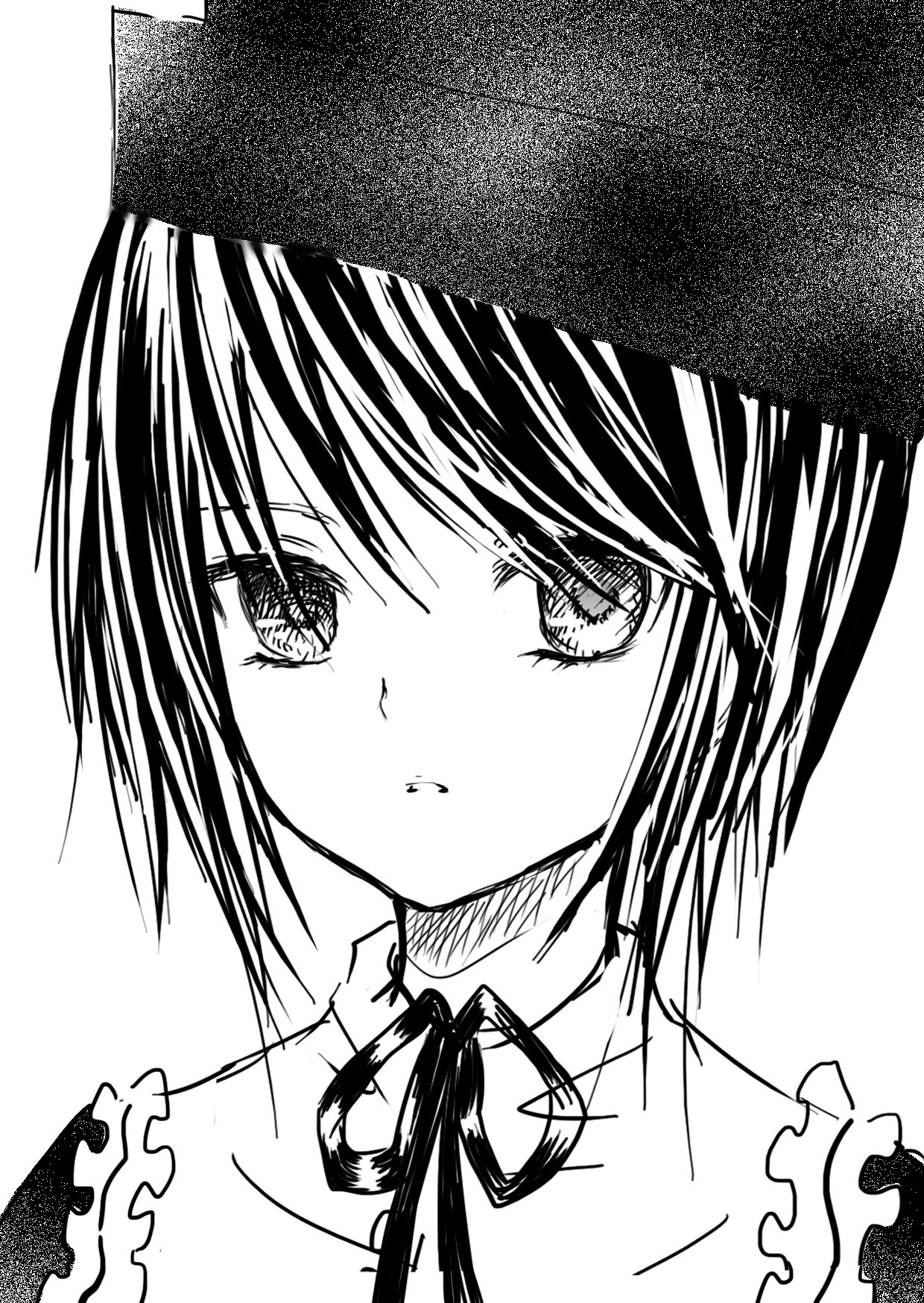 1girl bangs bare_shoulders blush choker closed_mouth collarbone eyebrows_visible_through_hair frills greyscale image looking_at_viewer monochrome neck_ribbon ribbon short_hair simple_background solo souseiseki white_background