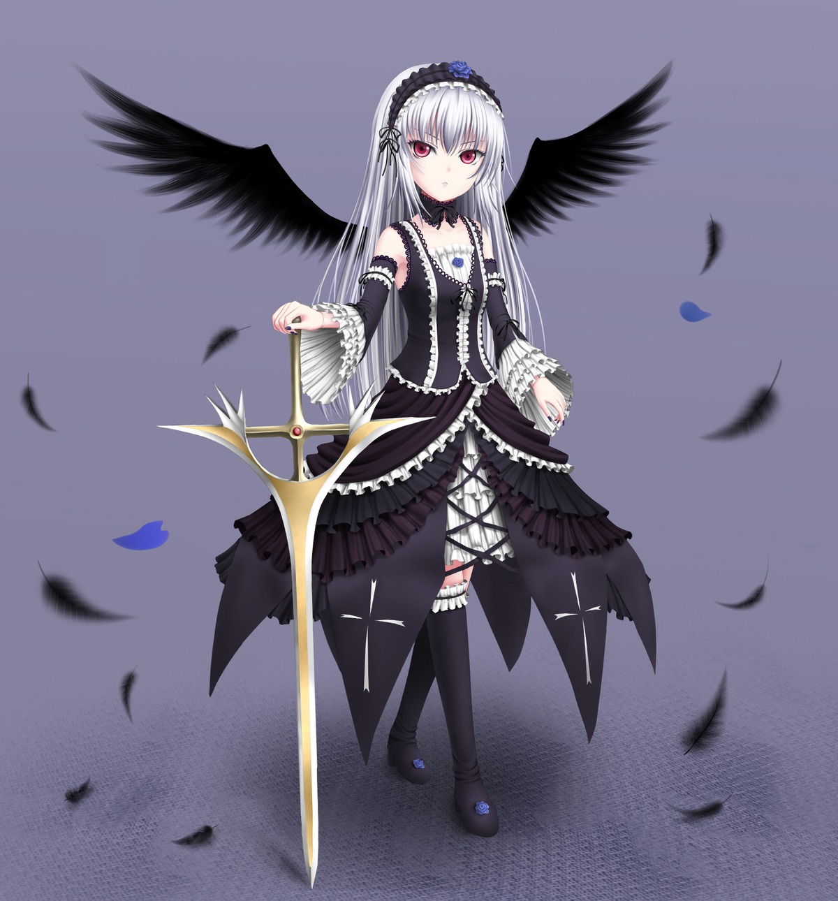 1girl bad_id bad_pixiv_id bare_shoulders bird black_feathers black_legwear black_wings blue_flower blue_rose cross detached_sleeves dress feathered_wings feathers flower frills full_body gothic_lolita hairband highres image lolita_fashion lolita_hairband long_hair long_sleeves looking_at_viewer noron red_eyes rose rozen_maiden silver_hair solo suigintou sword thighhighs weapon white_feathers white_hair wings