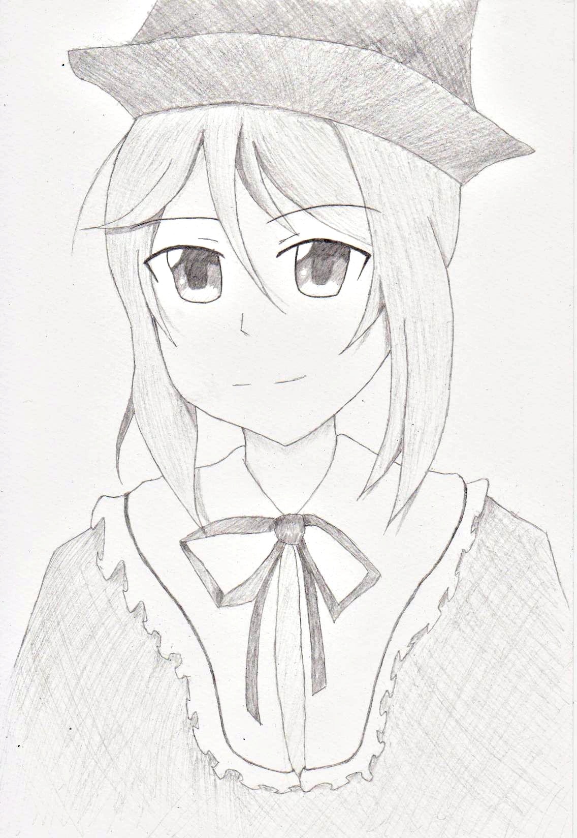 1girl blush closed_mouth greyscale hat image looking_at_viewer monochrome neck_ribbon ribbon sidelocks smile solo souseiseki traditional_media