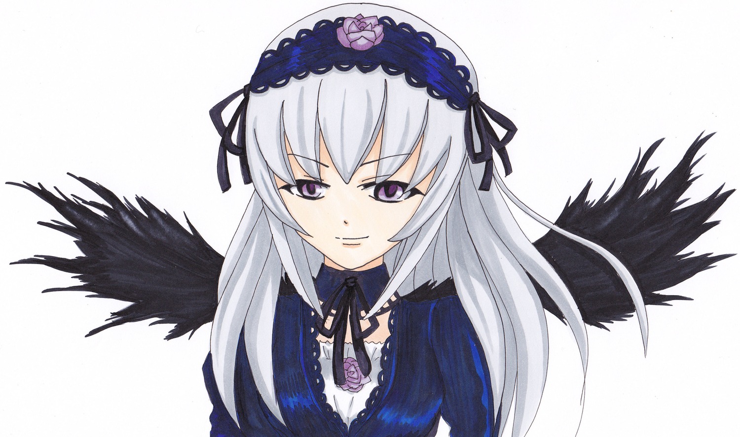 1girl auto_tagged black_ribbon black_wings dress feathered_wings flower frills hairband image long_hair long_sleeves looking_at_viewer rose silver_hair simple_background solo suigintou white_background wings