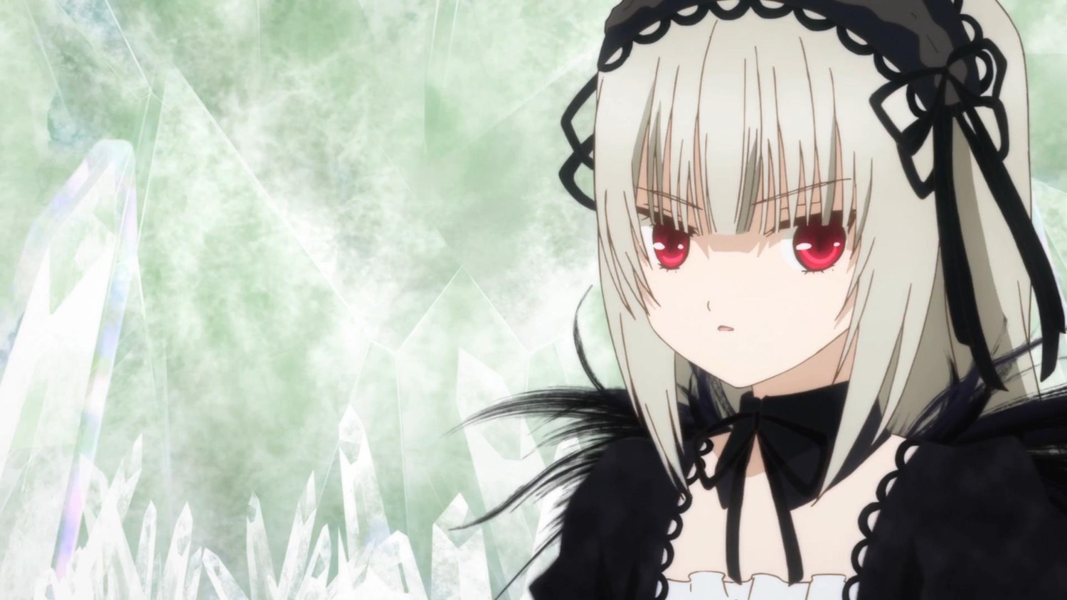 1girl bangs black_ribbon detached_collar dress eyebrows_visible_through_hair hairband image long_hair long_sleeves looking_at_viewer red_eyes ribbon silver_hair solo suigintou wings