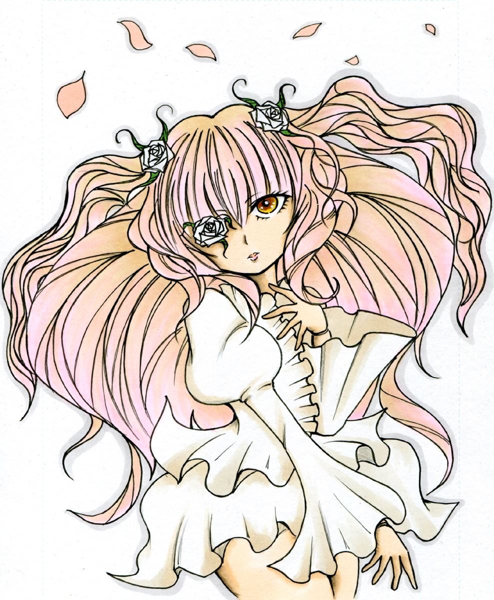 1girl dress eyepatch flower hair_flower hair_ornament image kirakishou long_hair petals pink_hair rose solo traditional_media very_long_hair white_dress white_flower white_rose yellow_eyes