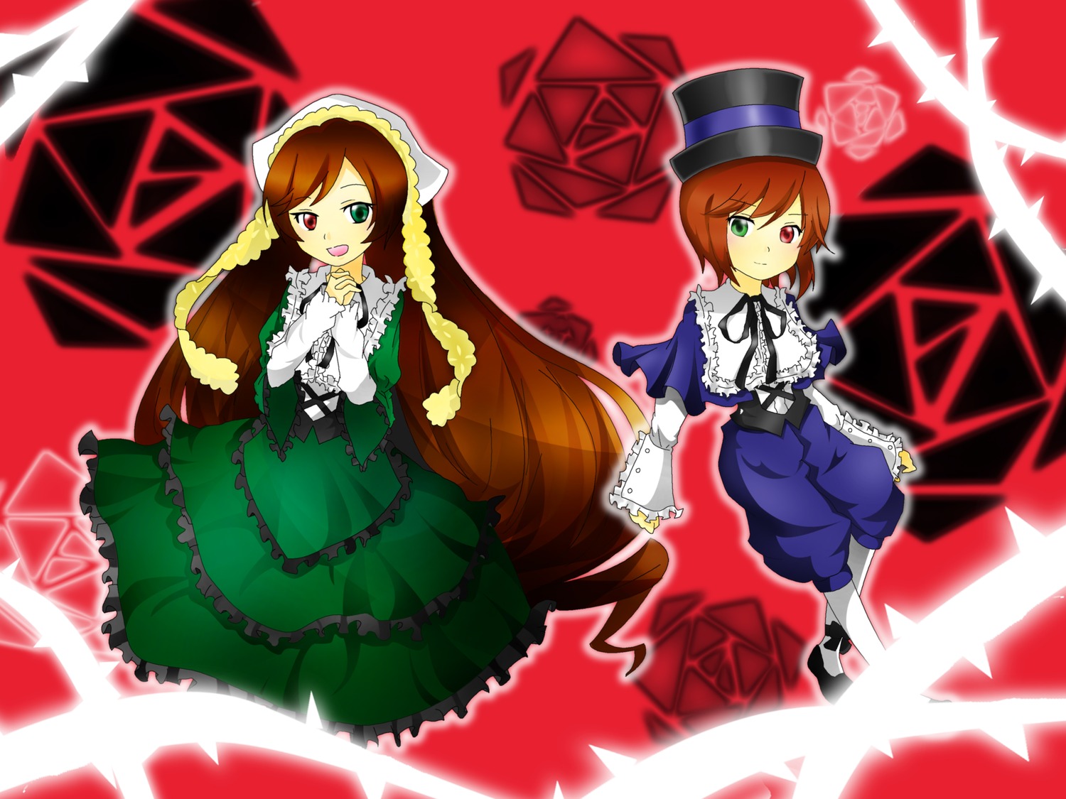 2girls brown_hair dress frills green_dress green_eyes hat heterochromia image long_hair long_sleeves looking_at_viewer multiple_girls open_mouth pair red_background red_eyes short_hair siblings sisters smile souseiseki suiseiseki top_hat twins very_long_hair