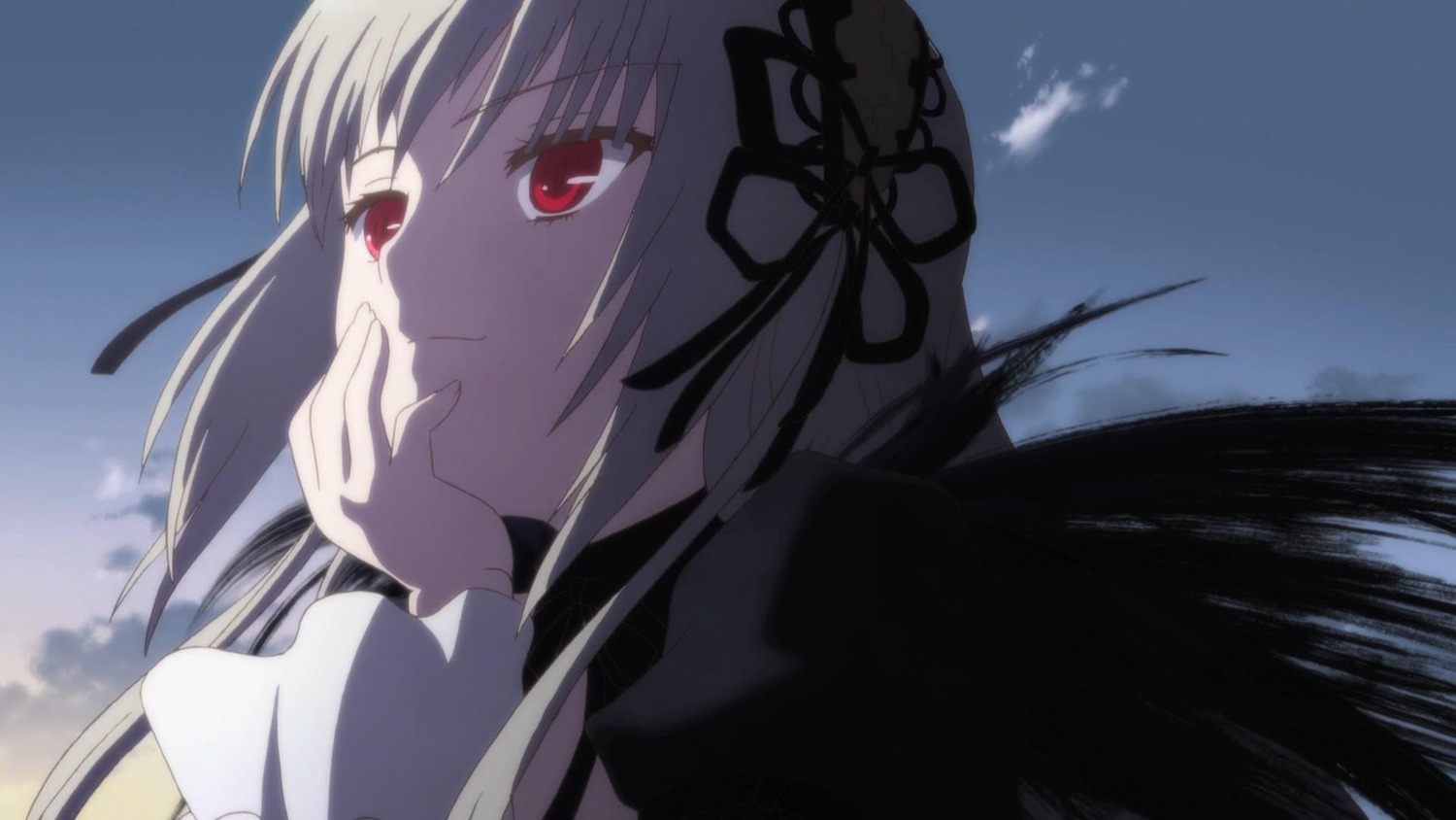 1girl bangs black_dress black_ribbon closed_mouth cloud day dress frills hairband image long_hair long_sleeves looking_at_viewer outdoors red_eyes ribbon sky smile solo suigintou