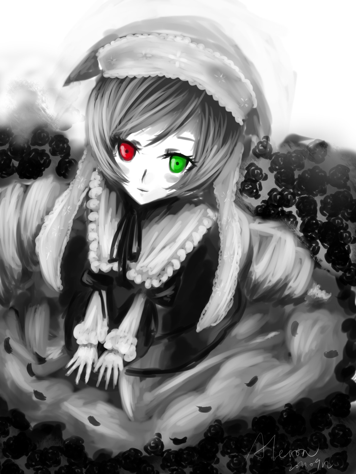 1girl dress flower green_eyes heterochromia image lace long_hair long_sleeves looking_at_viewer monochrome petals red_eyes rose smile solo spot_color suiseiseki