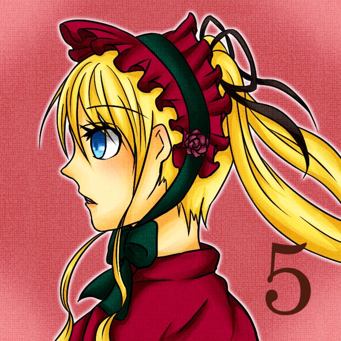 1girl blonde_hair blue_eyes bonnet bow flower hairband halftone image long_hair polka_dot polka_dot_background portrait profile red_background rose shinku solo