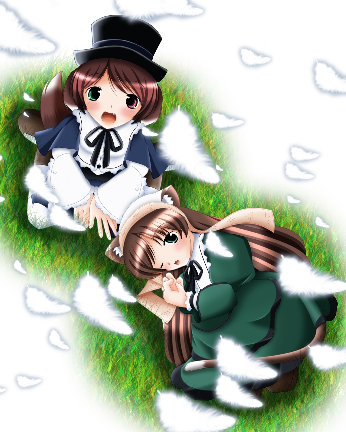 2girls animal_ears blush brown_hair dress feathers from_above grass green_eyes hat heterochromia image long_hair long_sleeves multiple_girls one_eye_closed open_mouth outdoors pair red_eyes short_hair souseiseki suiseiseki twins wings