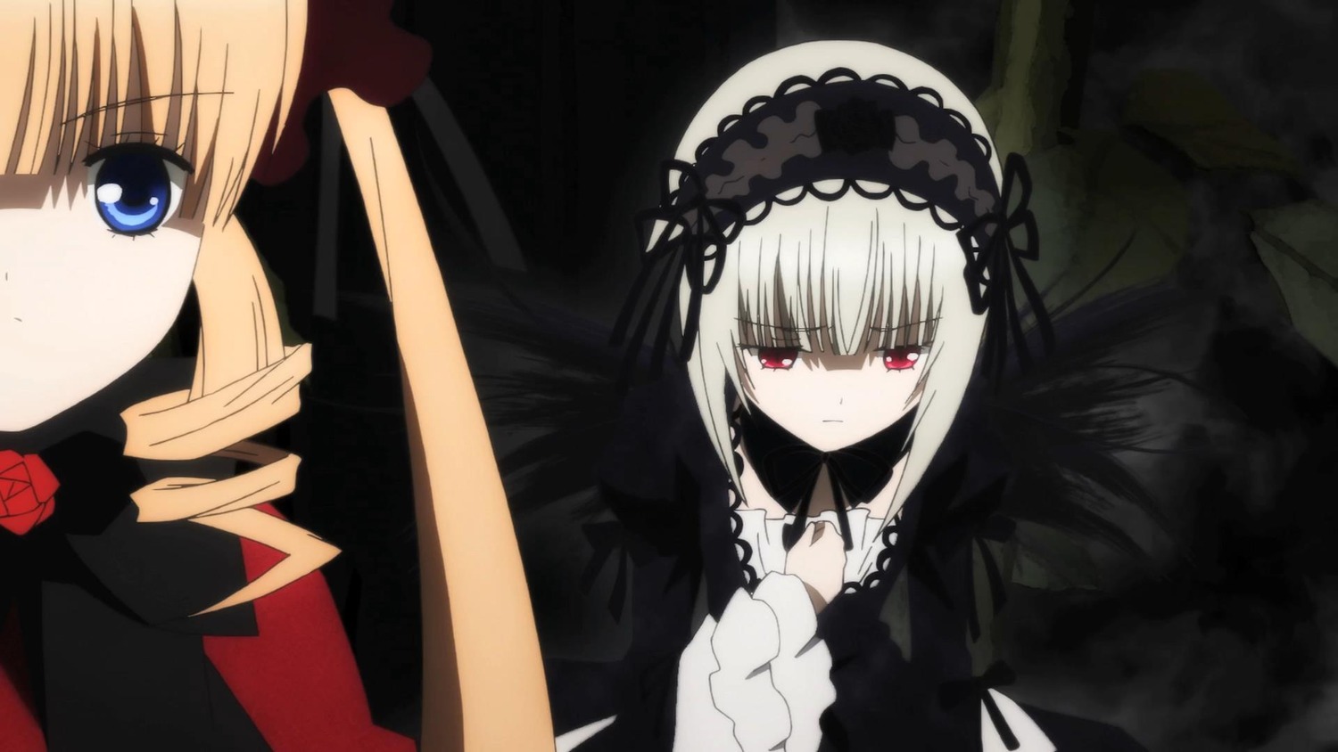 2girls black_ribbon blonde_hair blue_eyes bonnet dress drill_hair expressionless flower frills hairband image long_hair long_sleeves looking_at_viewer multiple_girls pair rose shinku suigintou twintails